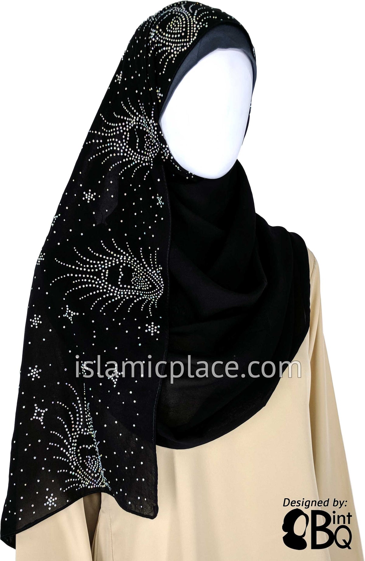 Silver Embedded Hearts Long Rectangle Shayla Hijab with Stones 32&quot;x72&quot;