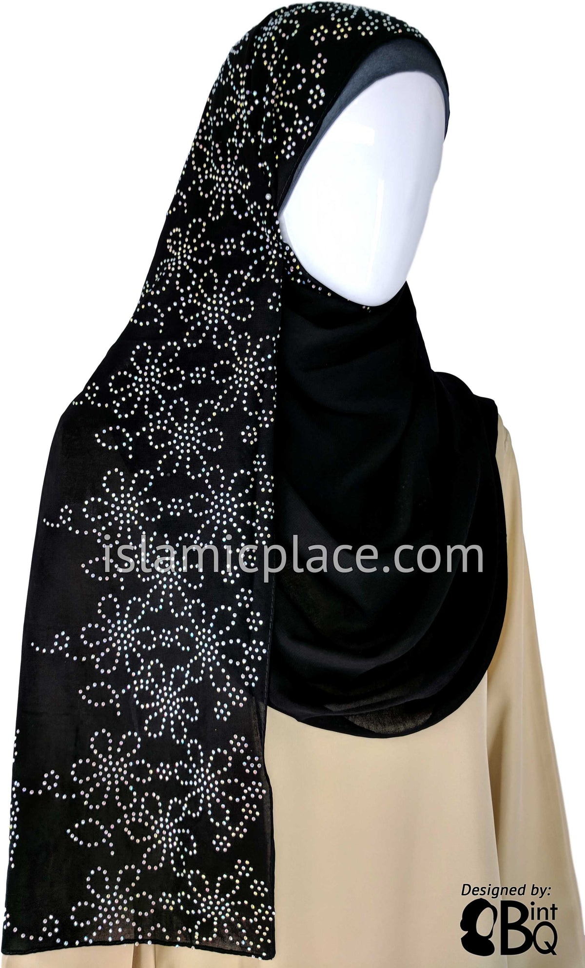 Silver Daisy Long Rectangle Shayla Hijab with Stones 32&quot;x72&quot;