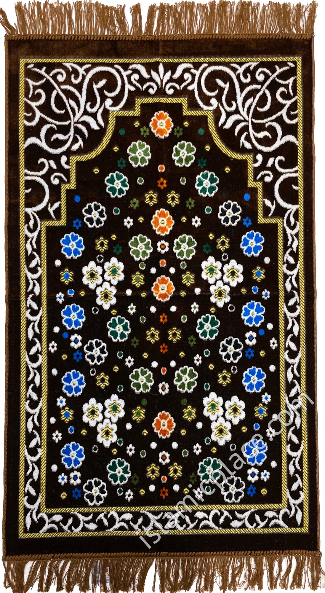 Brown Prayer Rug with Floral Paradise Mihrab