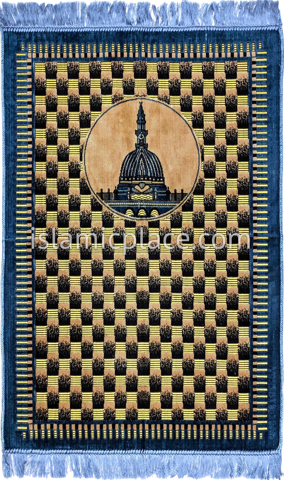 Checkered Teal, Black &amp; Gold  Prayer Rug with Mosque