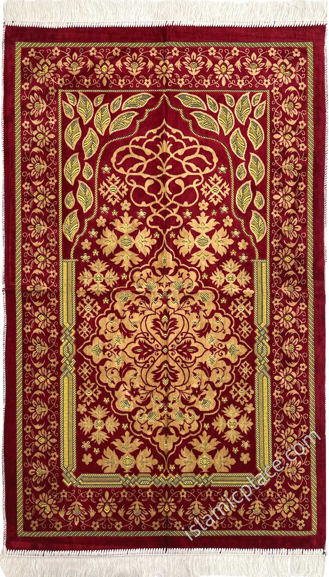 Burgundy and Gold Intricate Leaf Design Prayer Rug (Big &amp; Tall size)