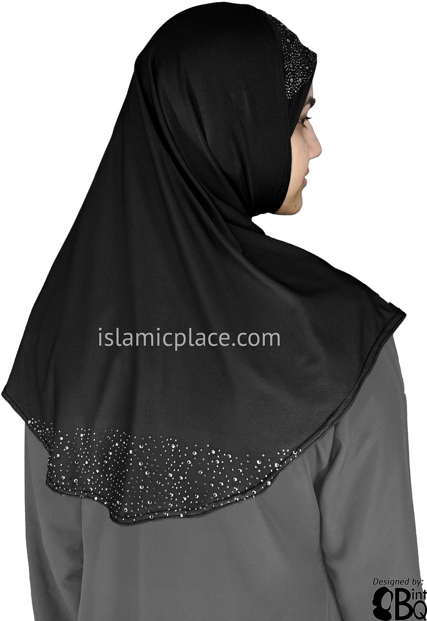 Black - Luxurious Lycra Hijab Al-Amira with Silver Rhinestones Teen to Adult (Large)