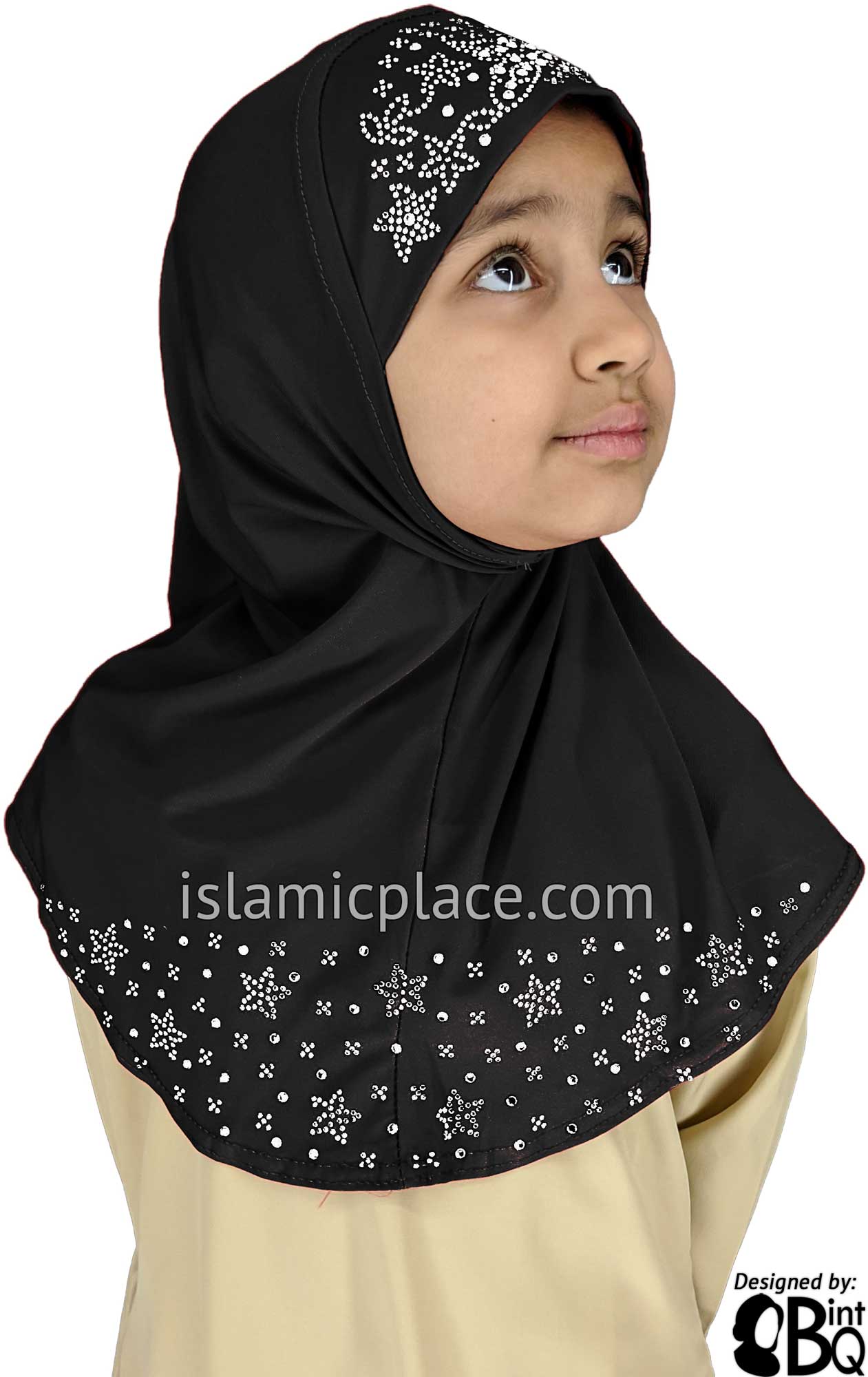 Black - Luxurious Lycra Hijab Al-Amira with Silver Rhinestones - Girl size (1-piece)