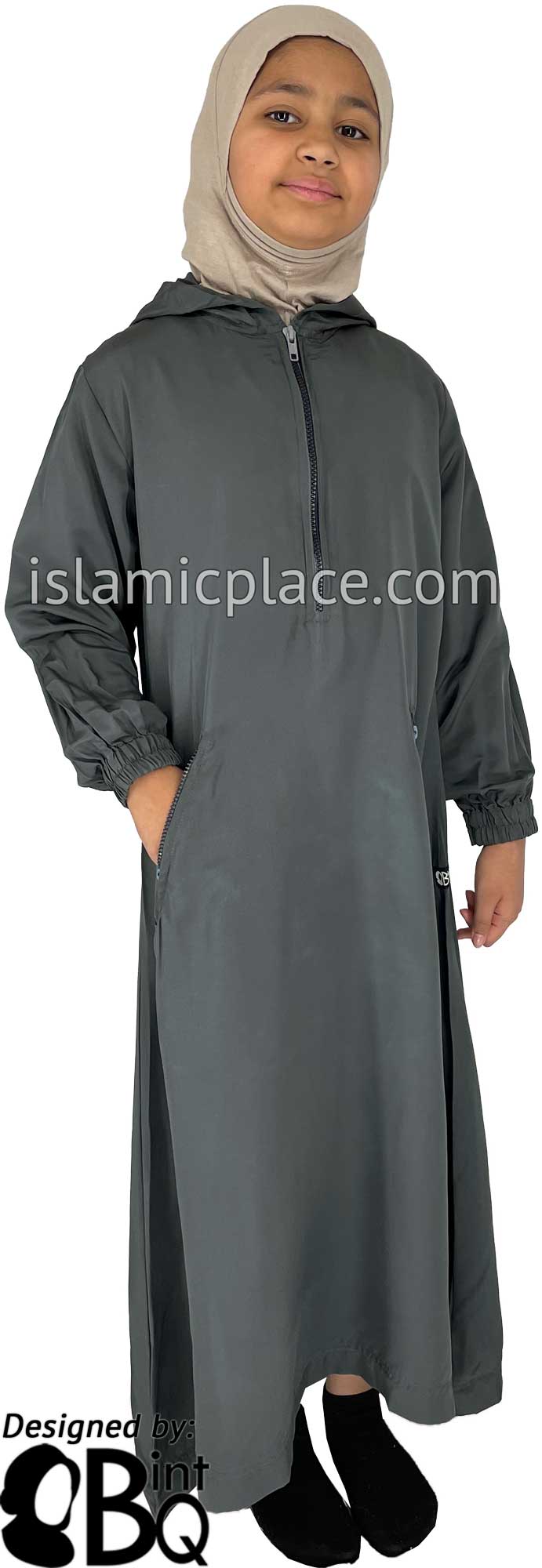 Gray - Girl&#39;s Athletic Style Hooded Abaya by BintQ - BQ85