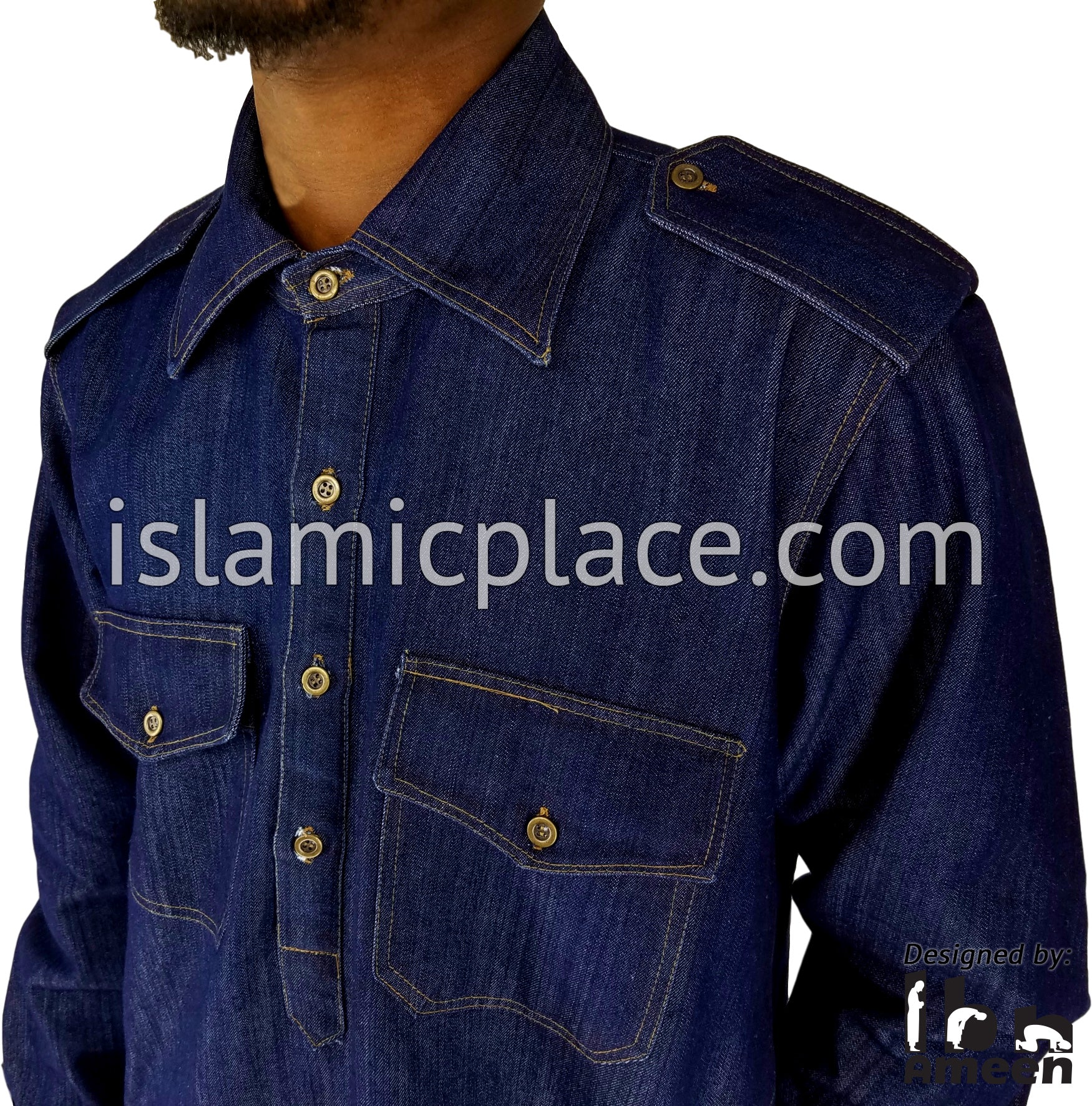 Blue Denim - Daud Men Military Style Thob by Ibn Ameen in Denim - IA11