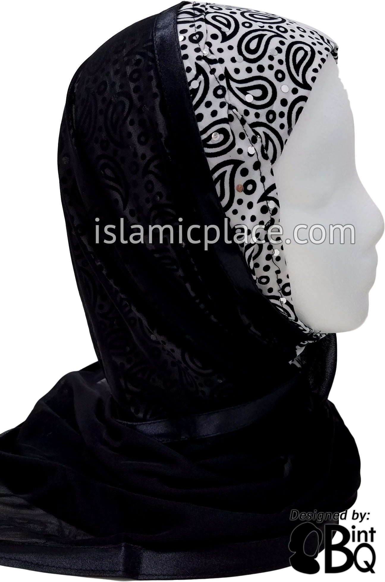 Black Paisley and Polka Dot on White Base with Black Wrap - Kuwaiti Scarf