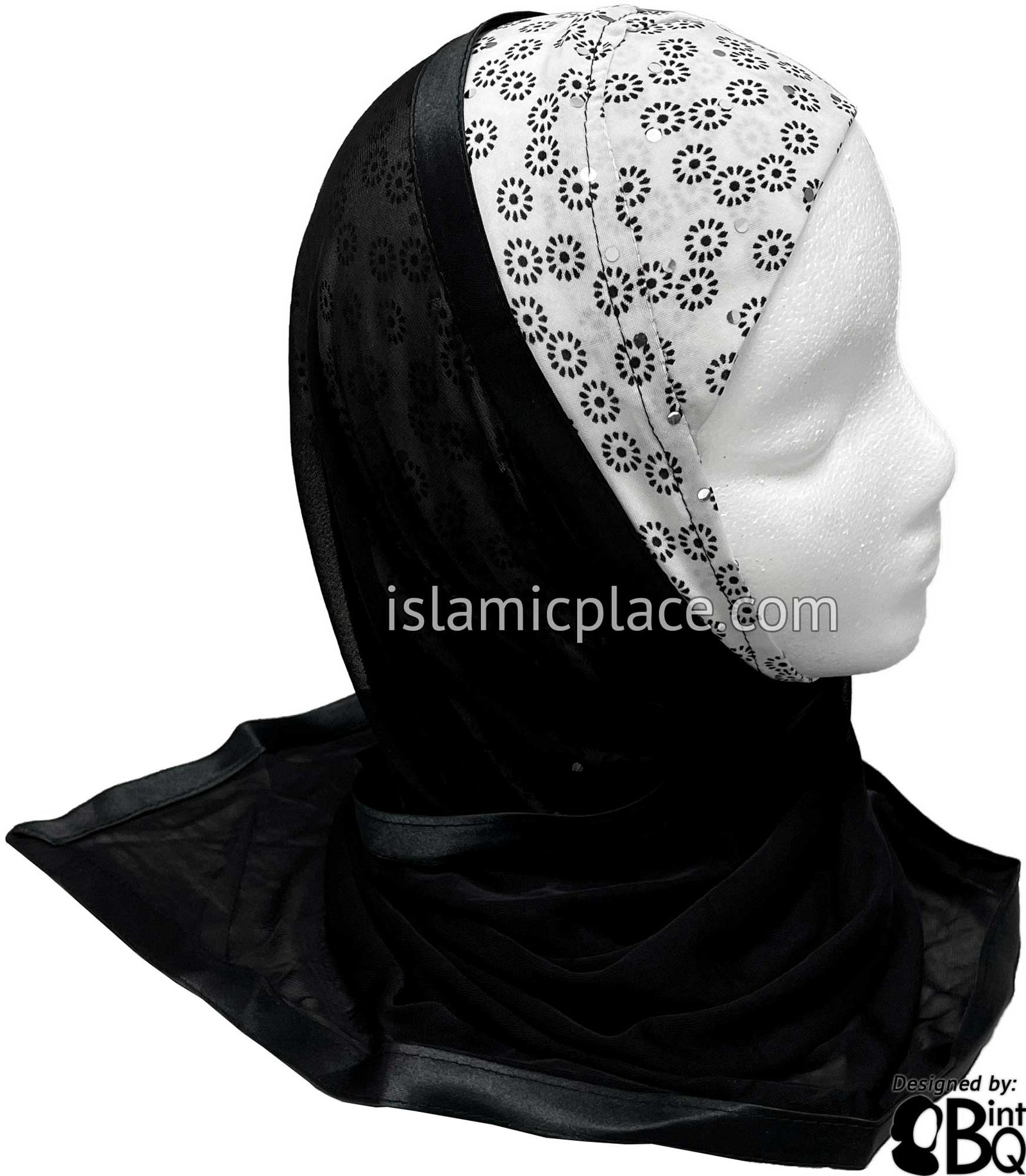 Black Mini Flowers on White Base with Black Wrap - Kuwaiti Scarf