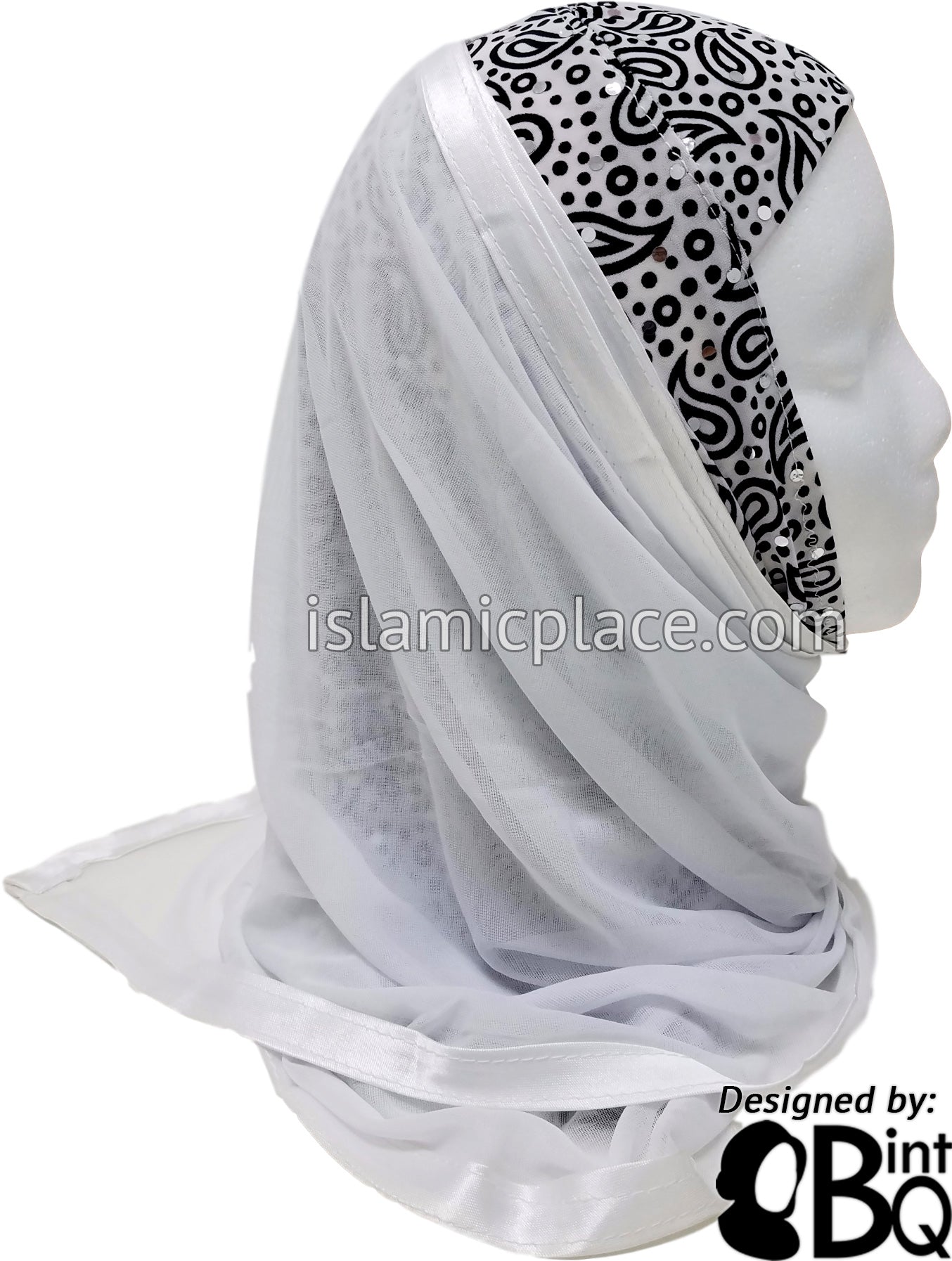 Black Paisley and Polka Dot on White Base with White Wrap - Kuwaiti Scarf