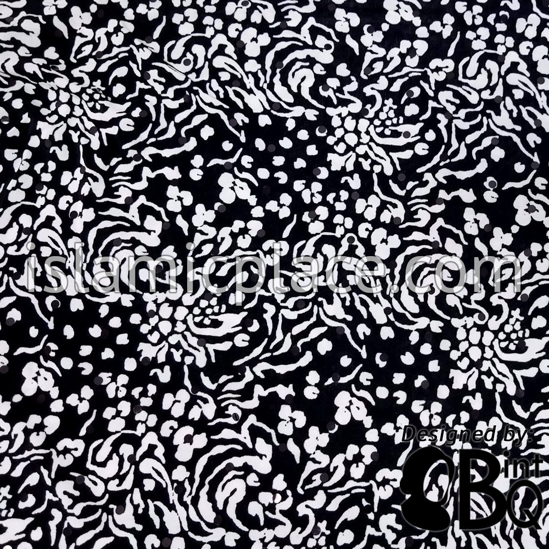 White Abstract Lines and Spots on Black Base with Black Wrap - Kuwaiti Scarf