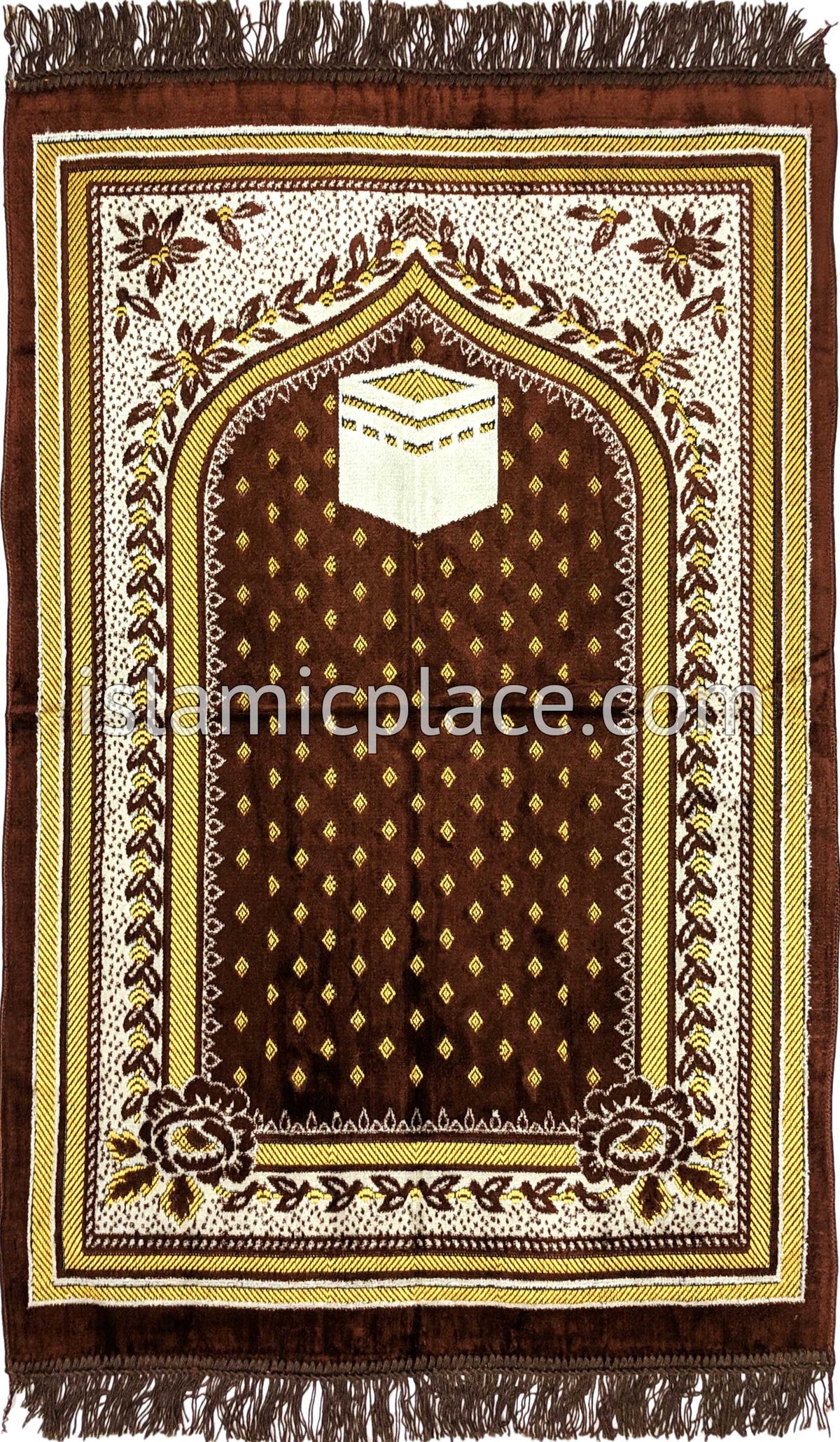 Coffee Brown and Cream Prayer Rug with Gateway to Kaba Design