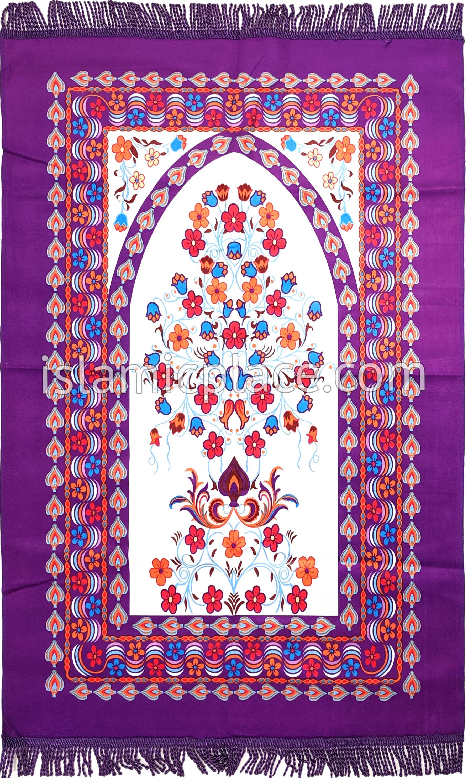 Purple - Floral Mihrab Design Prayer Rug with Matching Zipper Carrying Bag