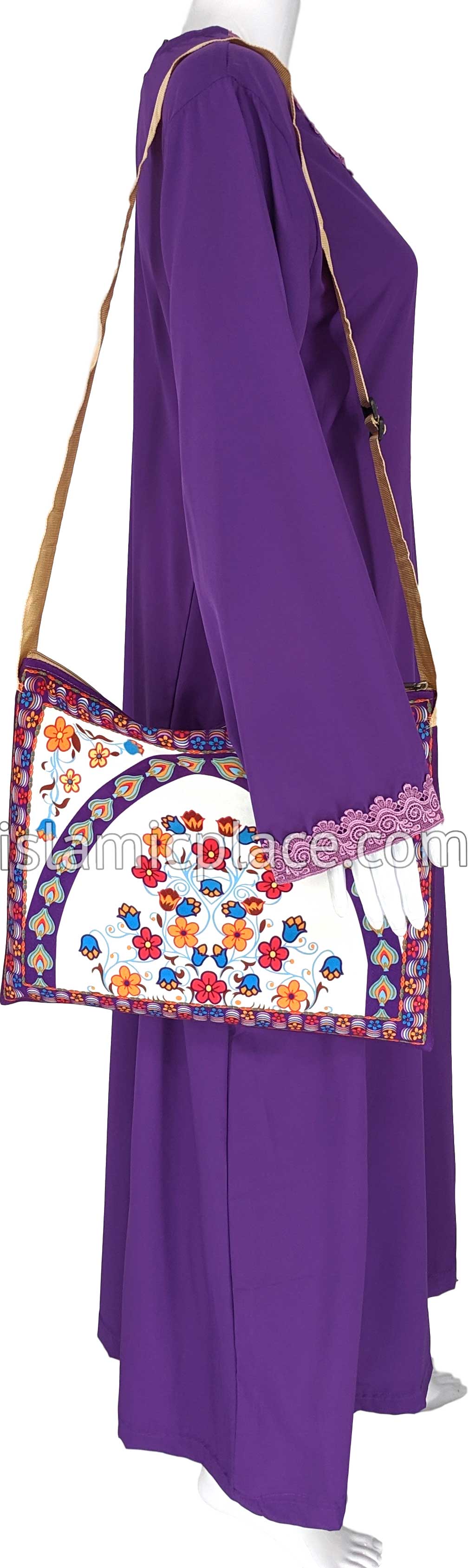 Purple - Floral Mihrab Design Prayer Rug with Matching Zipper Carrying Bag