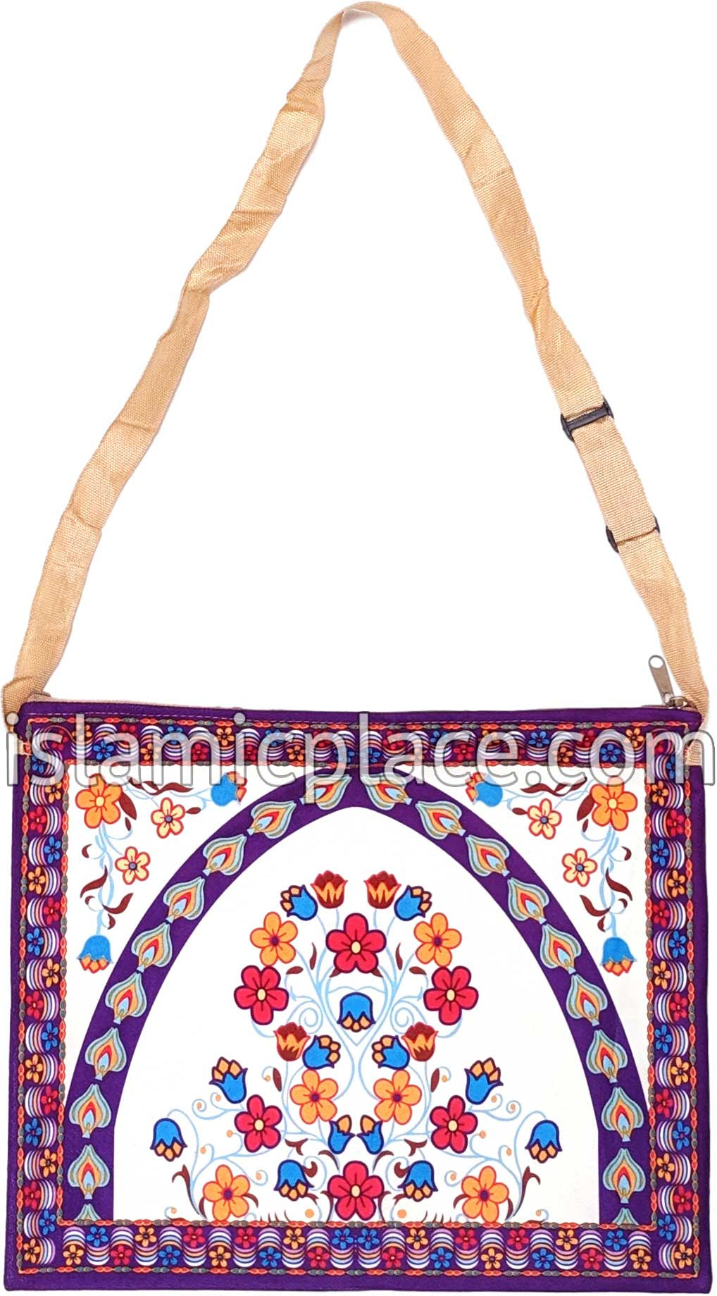 Purple - Floral Mihrab Design Prayer Rug with Matching Zipper Carrying Bag