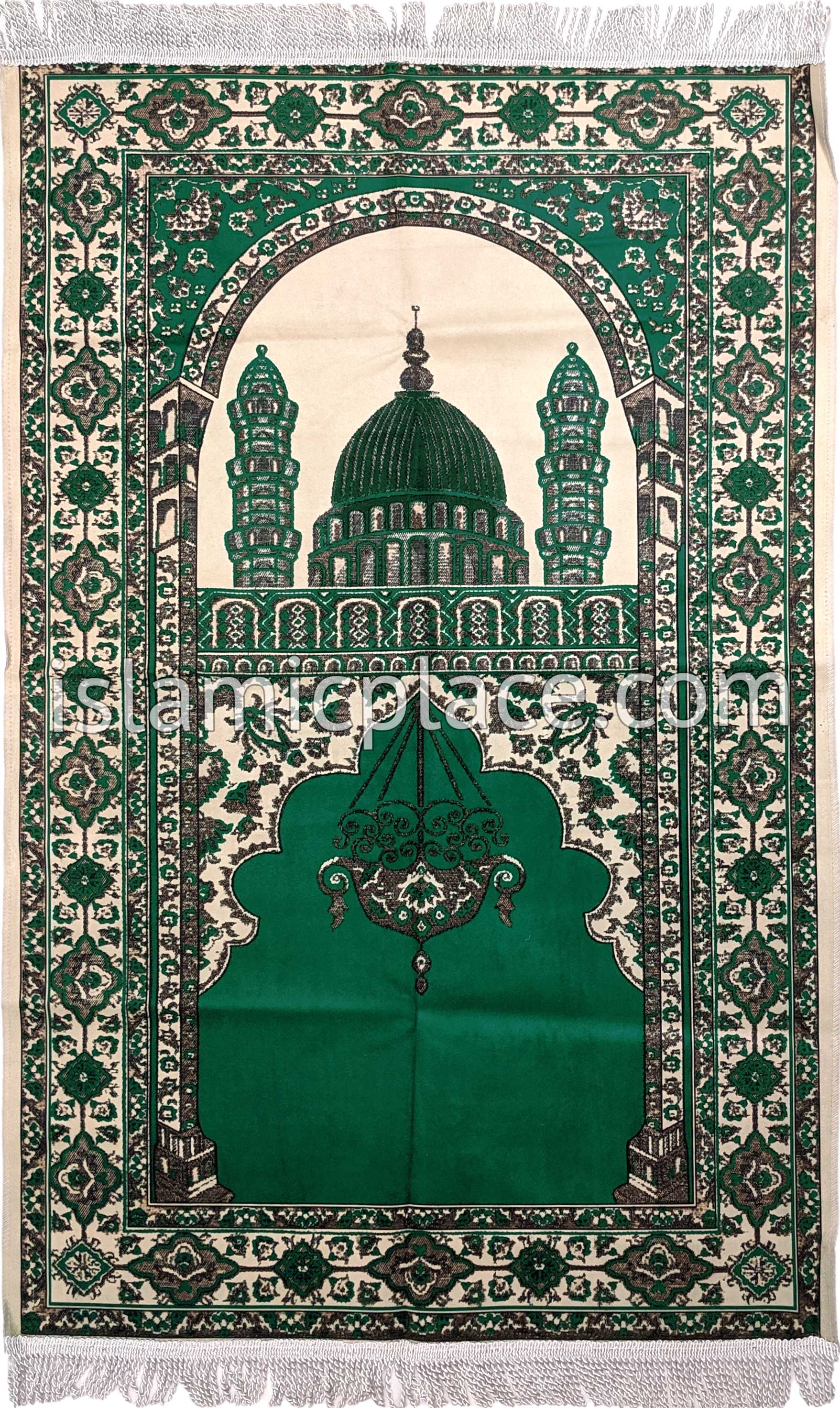 Green - Traditional Masjid Design Prayer Rug with Matching Zipper Carrying Bag