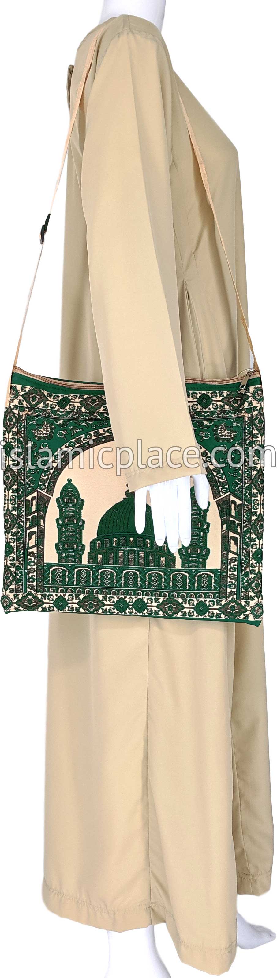 Green - Traditional Masjid Design Prayer Rug with Matching Zipper Carrying Bag