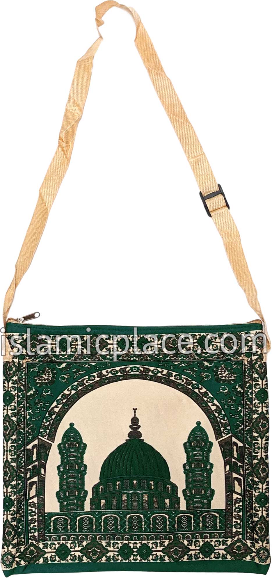 Green - Traditional Masjid Design Prayer Rug with Matching Zipper Carrying Bag