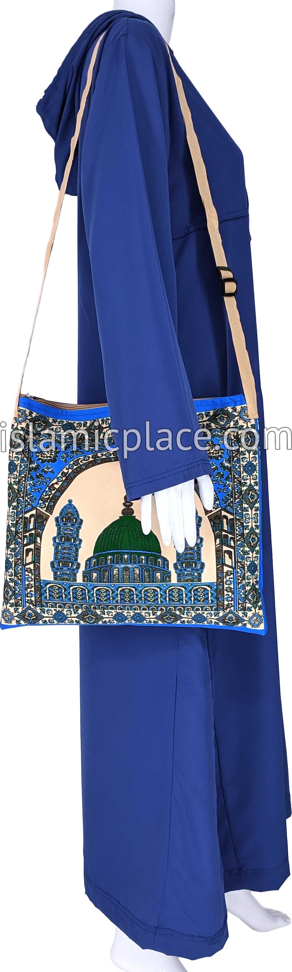 Blue - Traditional Masjid Design Prayer Rug with Matching Zipper Carrying Bag