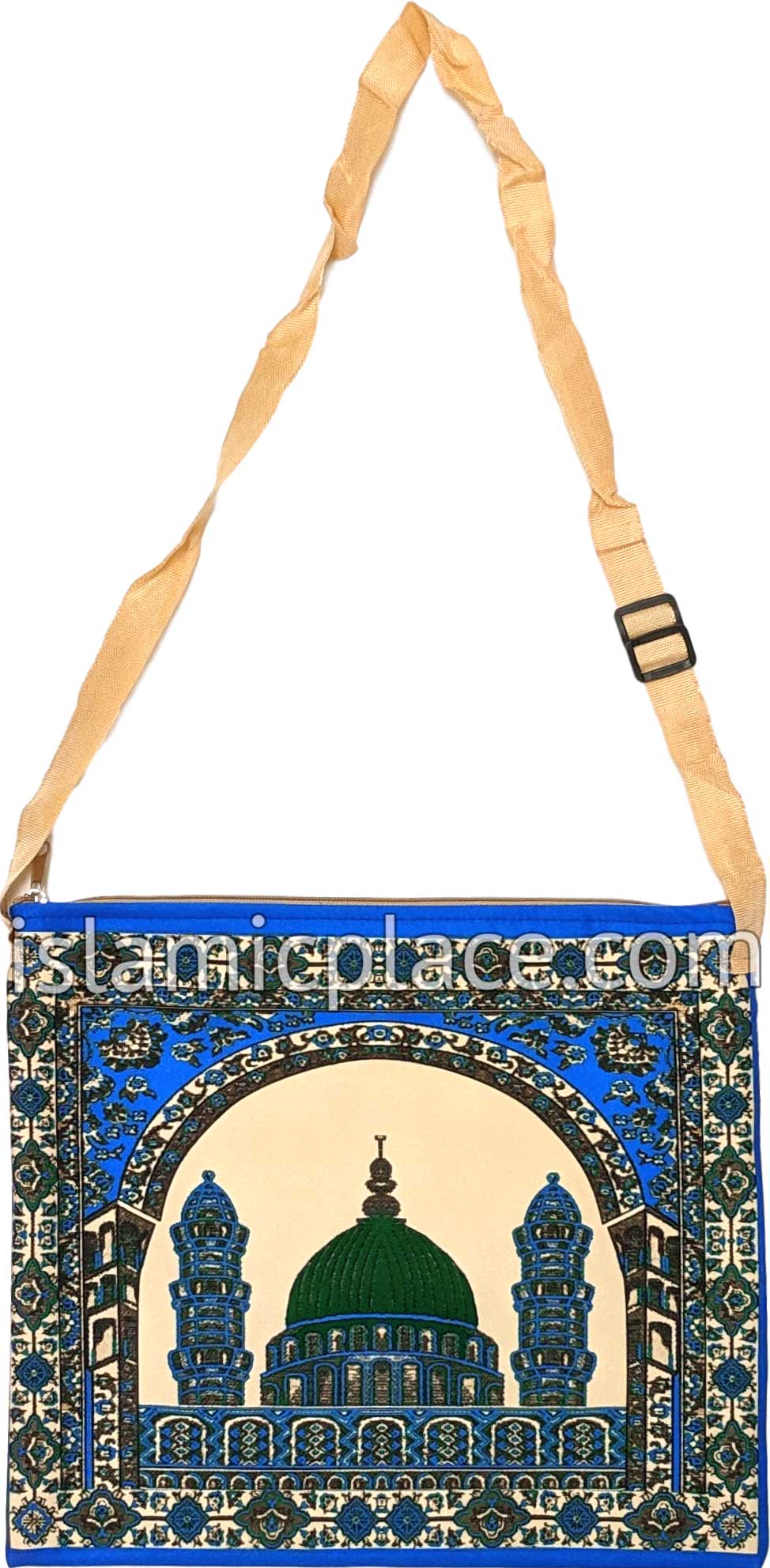 Blue - Traditional Masjid Design Prayer Rug with Matching Zipper Carrying Bag