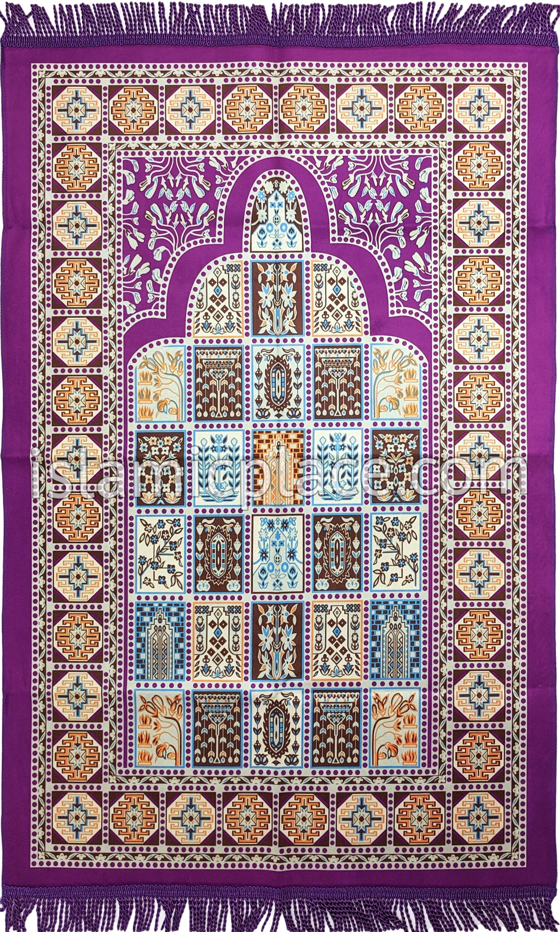 Purple - Tile Mihrab Design Prayer Rug with Matching Zipper Carrying Bag