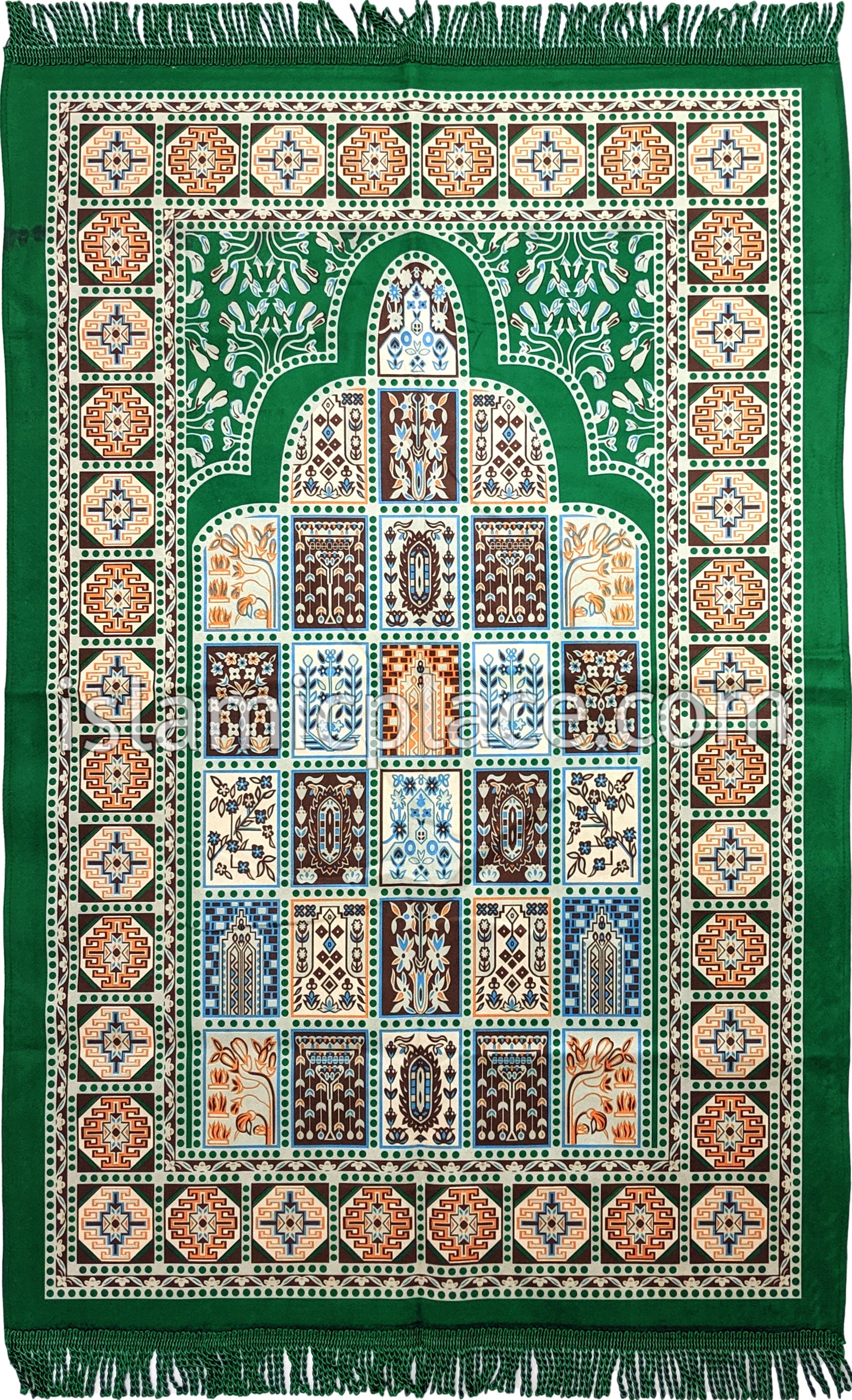 Green - Tile Mihrab Design Prayer Rug with Matching Zipper Carrying Bag