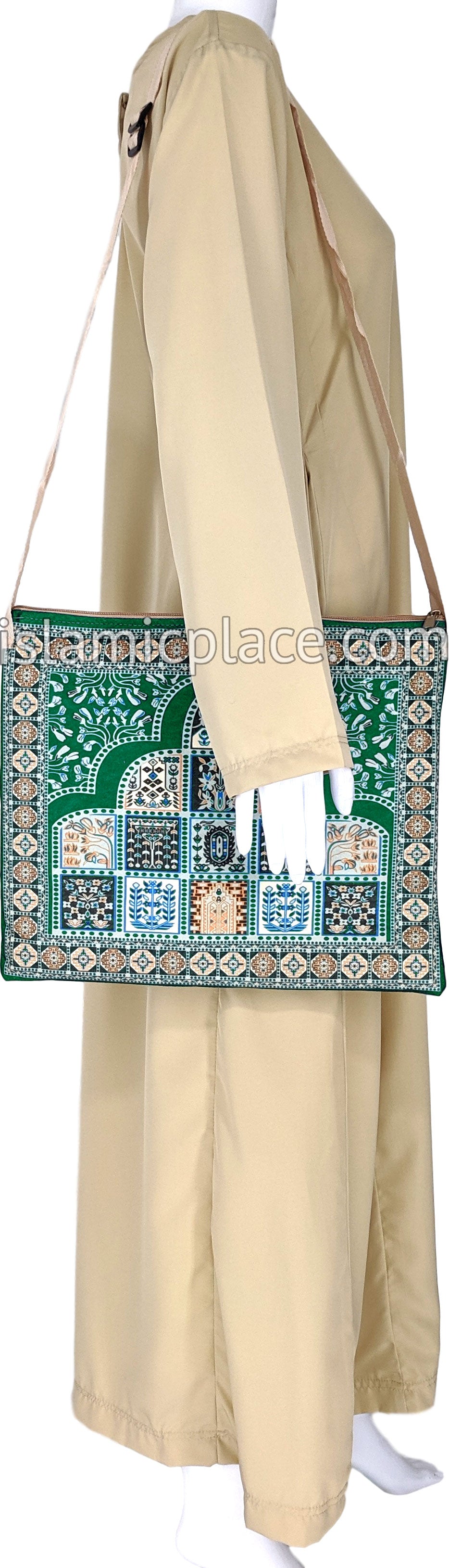 Green - Tile Mihrab Design Prayer Rug with Matching Zipper Carrying Bag