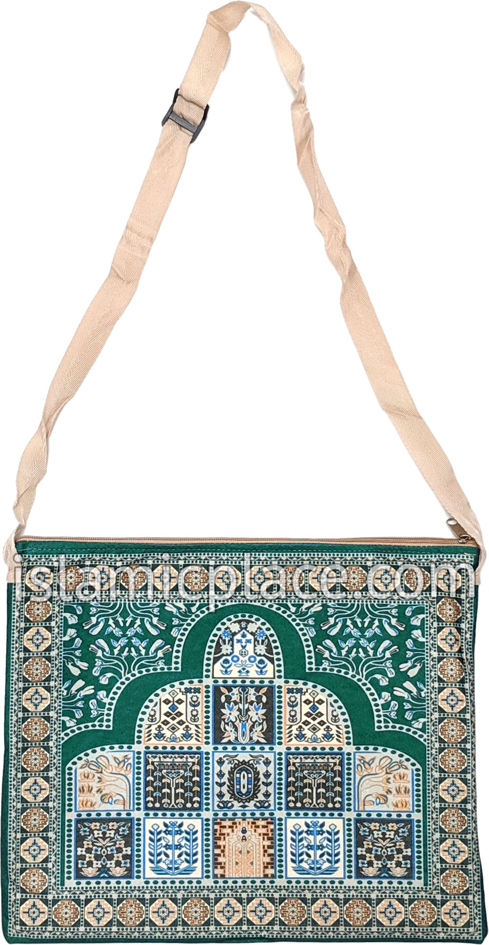 Green - Tile Mihrab Design Prayer Rug with Matching Zipper Carrying Bag