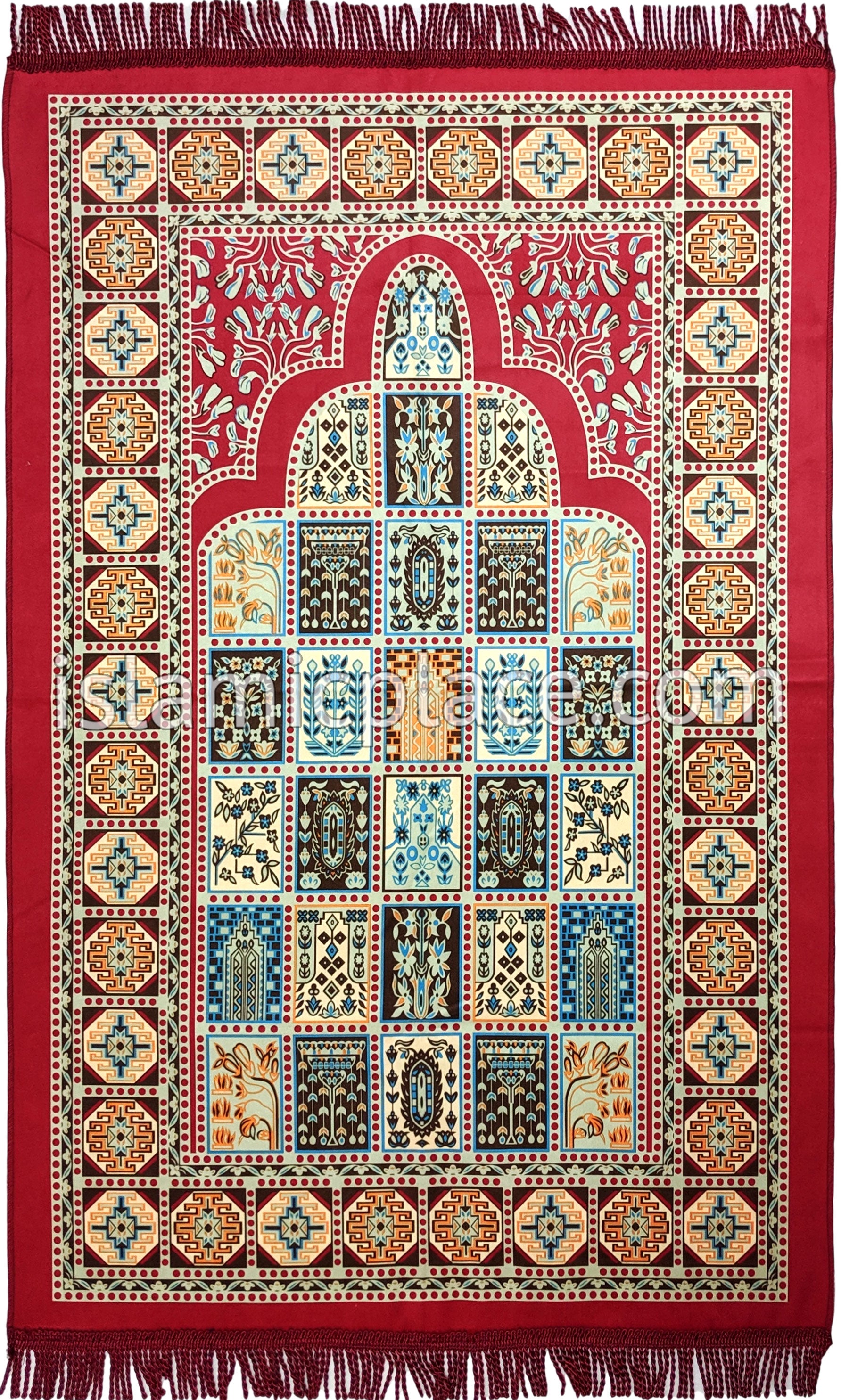 Red - Tile Mihrab Design Prayer Rug with Matching Zipper Carrying Bag