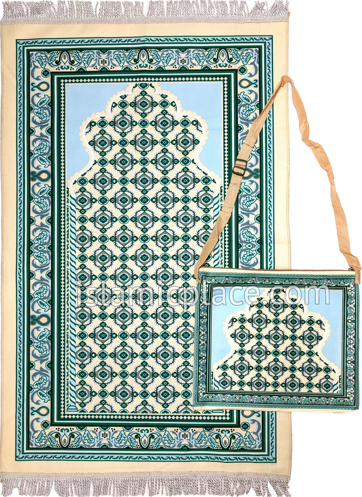 Turquoise - Moroccan Mihrab Design Prayer Rug with Matching Zipper Carrying Bag