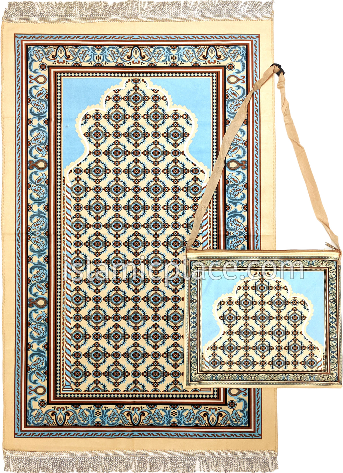 Khaki - Moroccan Mihrab Design Prayer Rug with Matching Zipper Carrying Bag