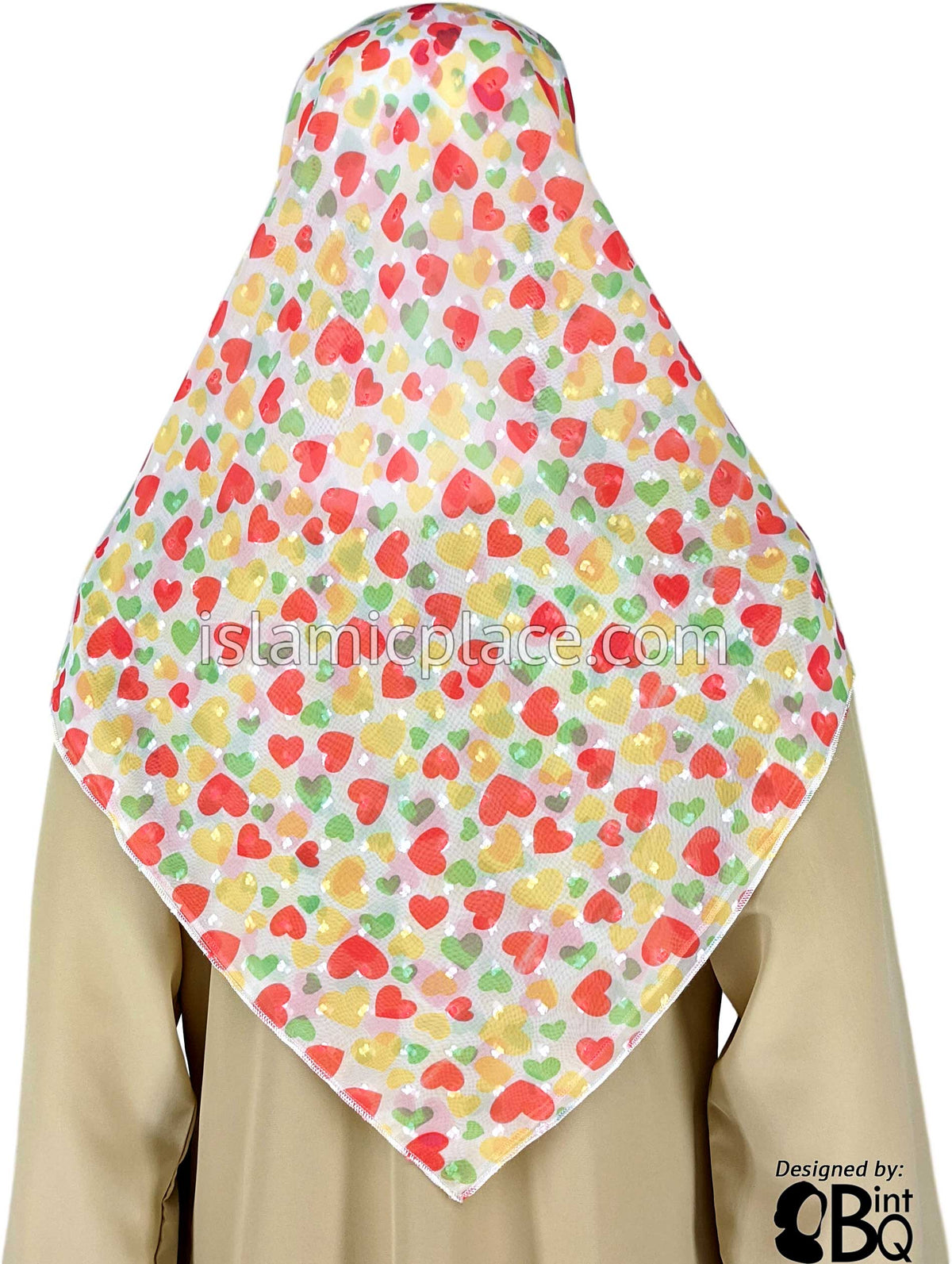 Coral, Green, And Yellow Hearts On White - 45&quot; Square Printed Khimar