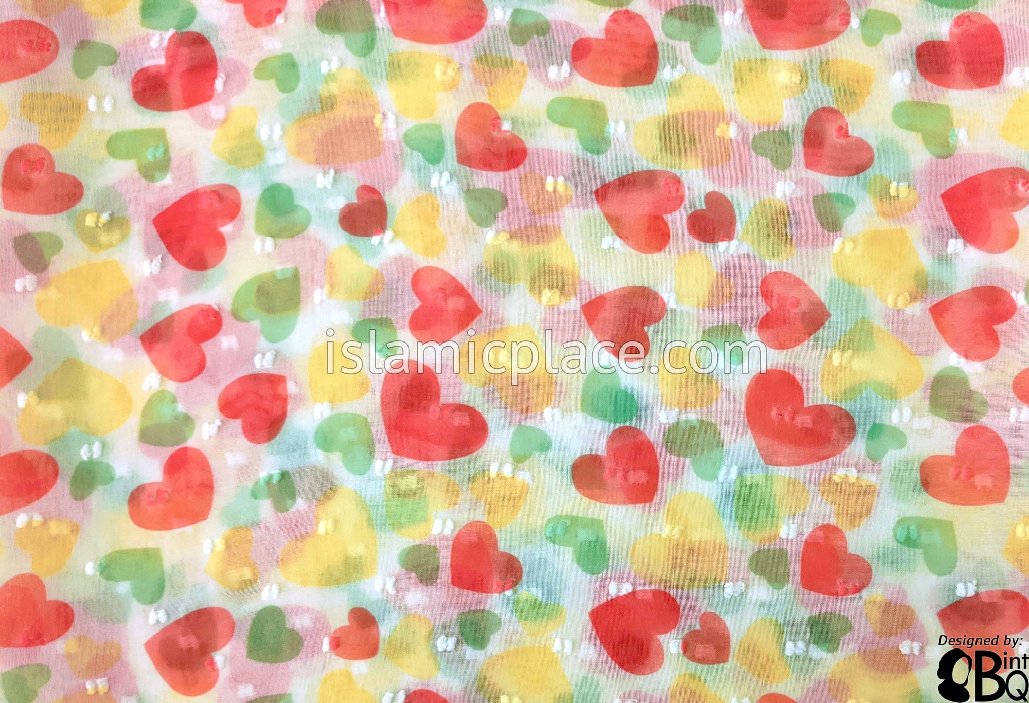 Coral, Green, And Yellow Hearts On White - 45" Square Printed Khimar