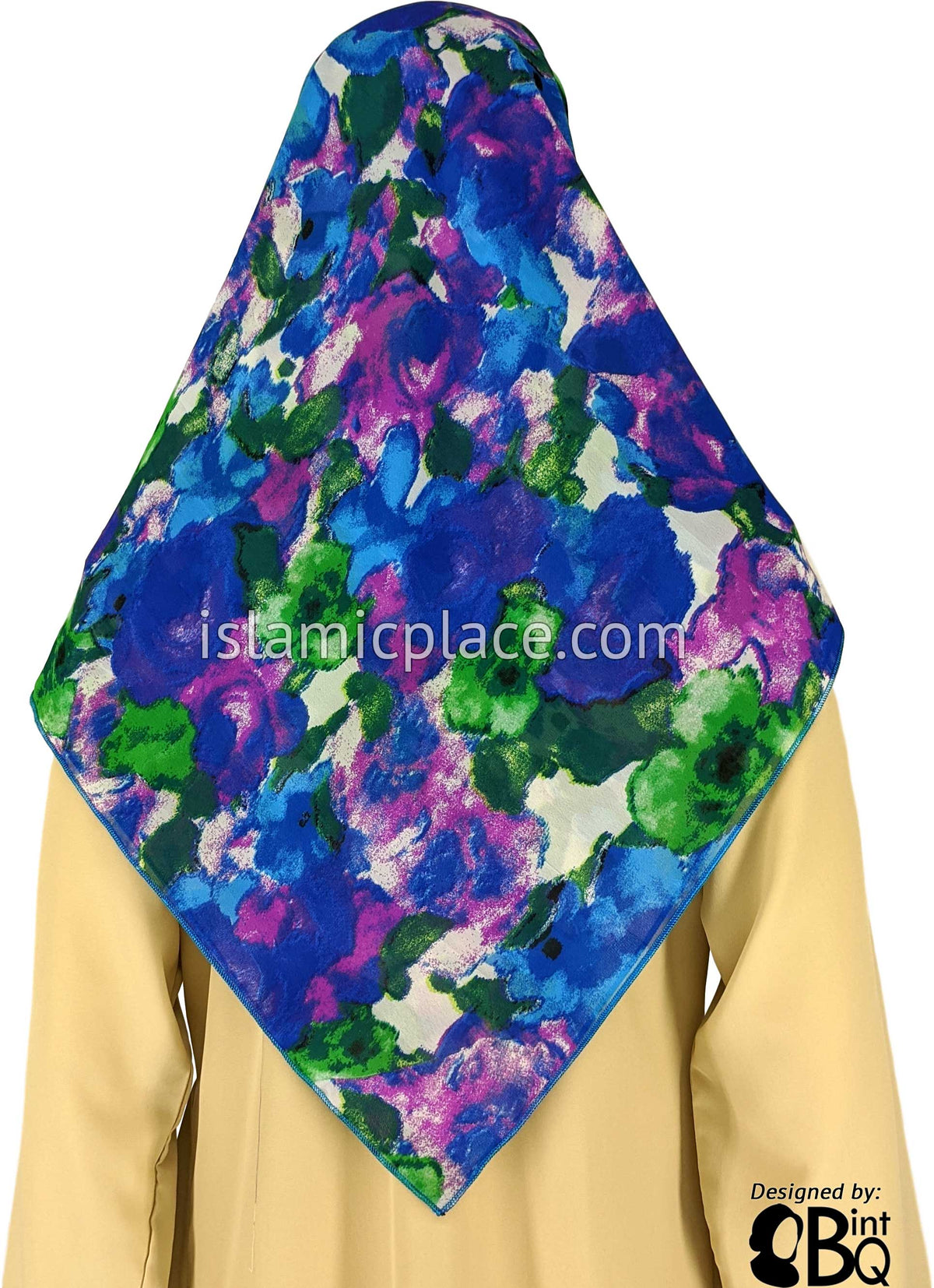 Cobalt, Blue, Green, Fuchsia And White Floral Design  - 45&quot; Square Printed Khimar