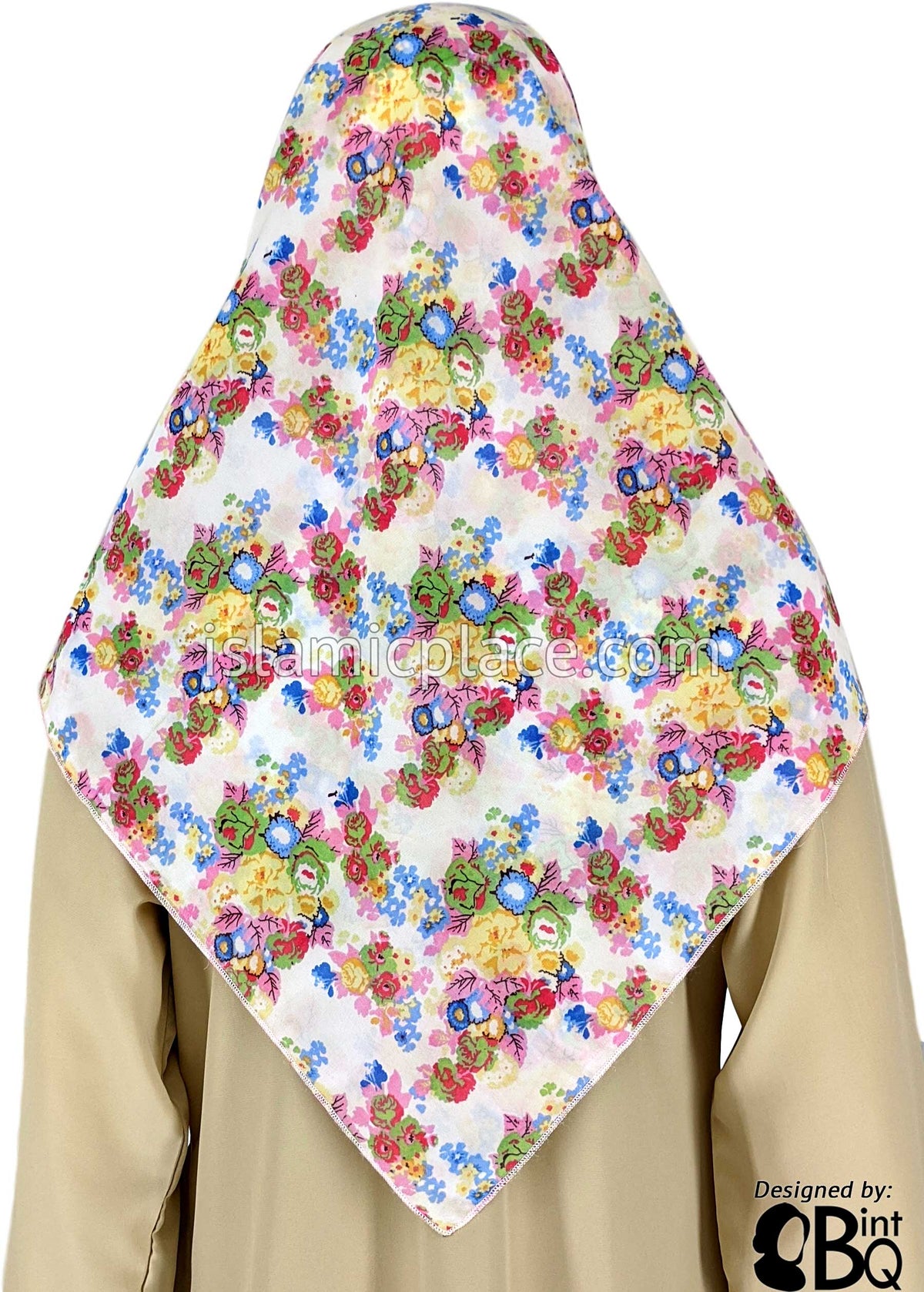 Yellow, Green, Pink, Green And Coral Flower Bunches On White - 45&quot; Square Printed Khimar