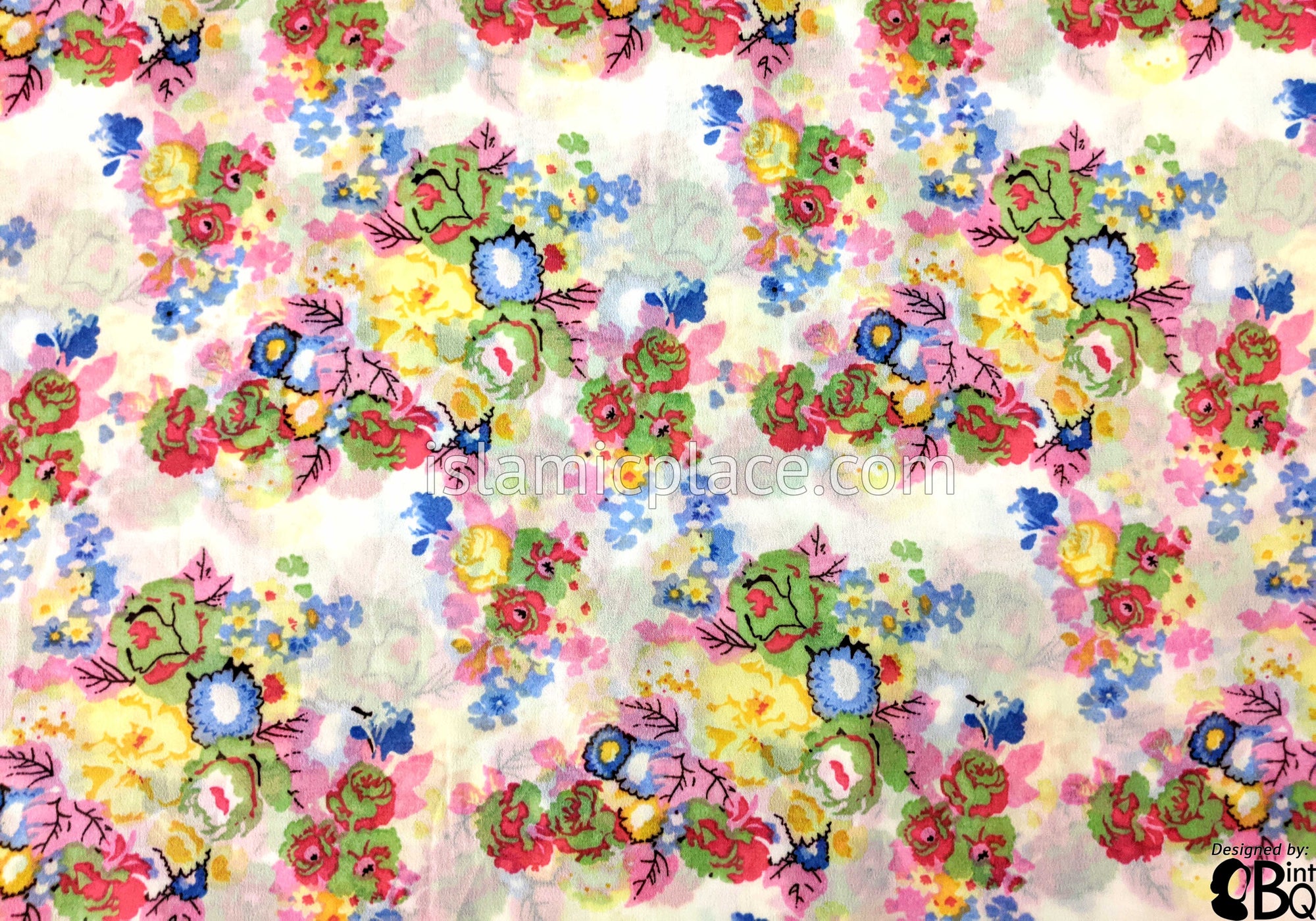 Yellow, Green, Pink, Green And Coral Flower Bunches On White - 45" Square Printed Khimar