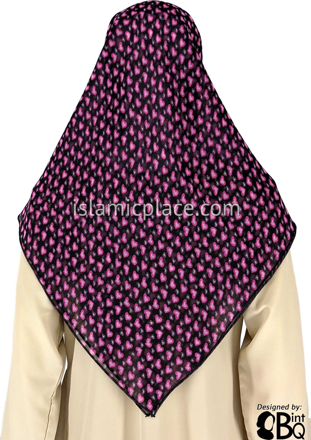 Bubblegum And Pink Heart In Heart Design On Black - 45&quot; Square Printed Khimar