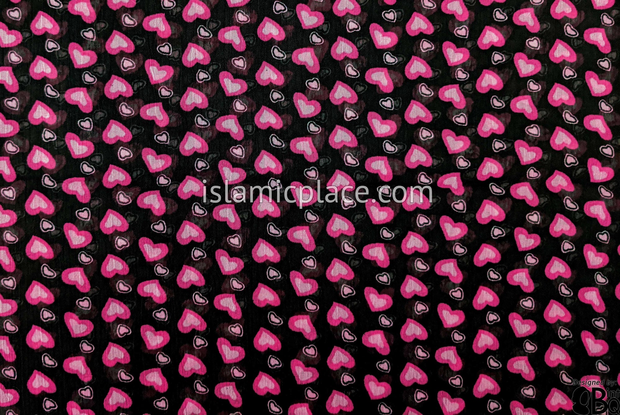 Bubblegum And Pink Heart In Heart Design On Black - 45" Square Printed Khimar