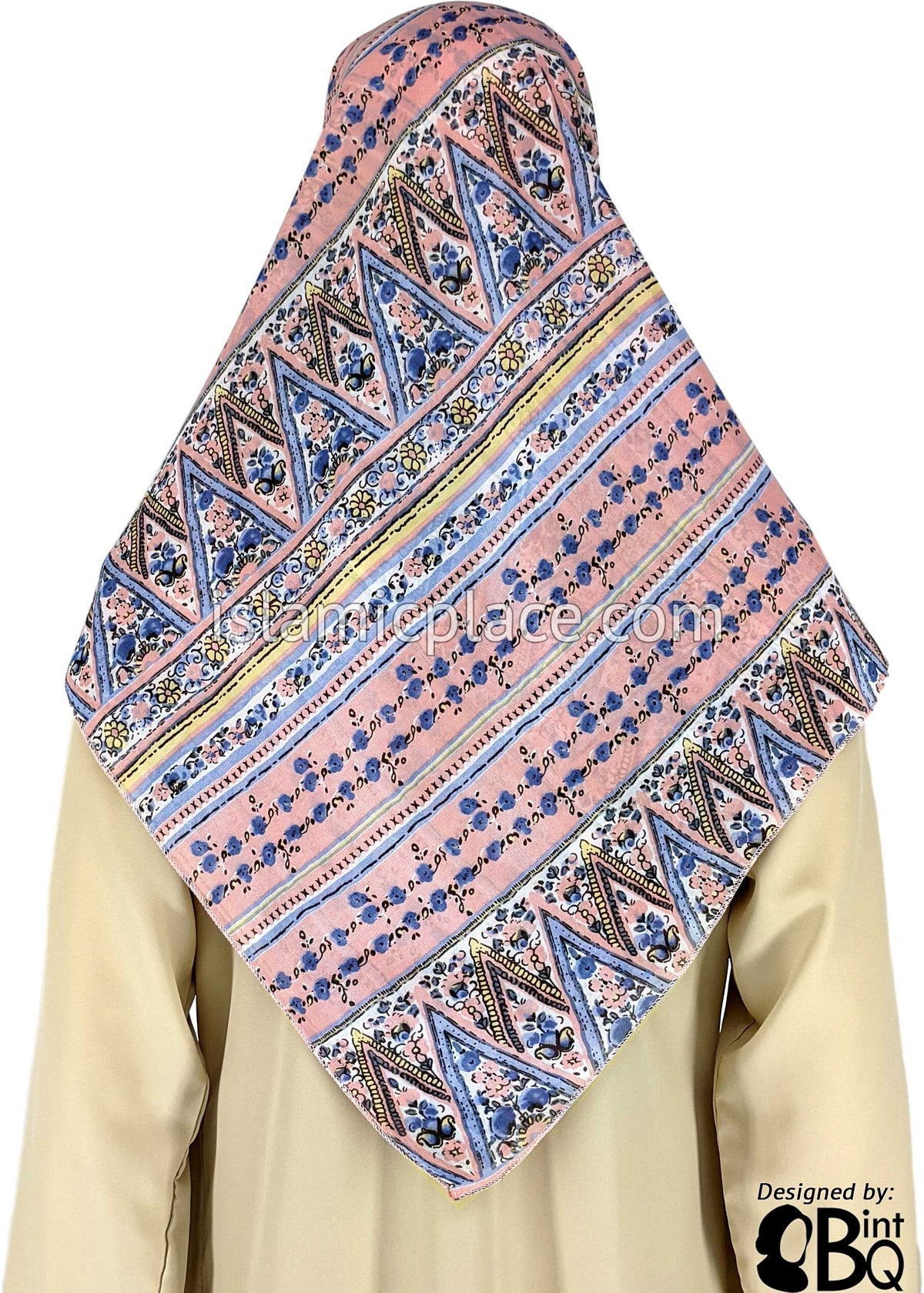 Blue, Yellow, White And Black Water Color Floral Design On Pink - 45&quot; Square Printed Khimar