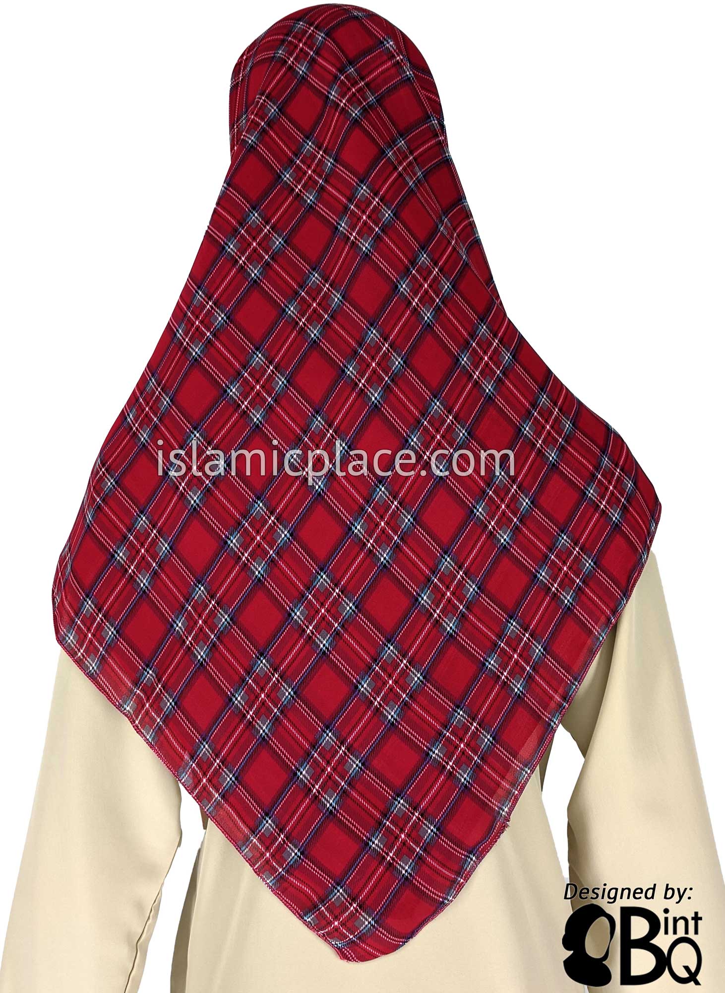 Burgundy, Blue, Gray, and White Plaid - 45" Square Printed Khimar