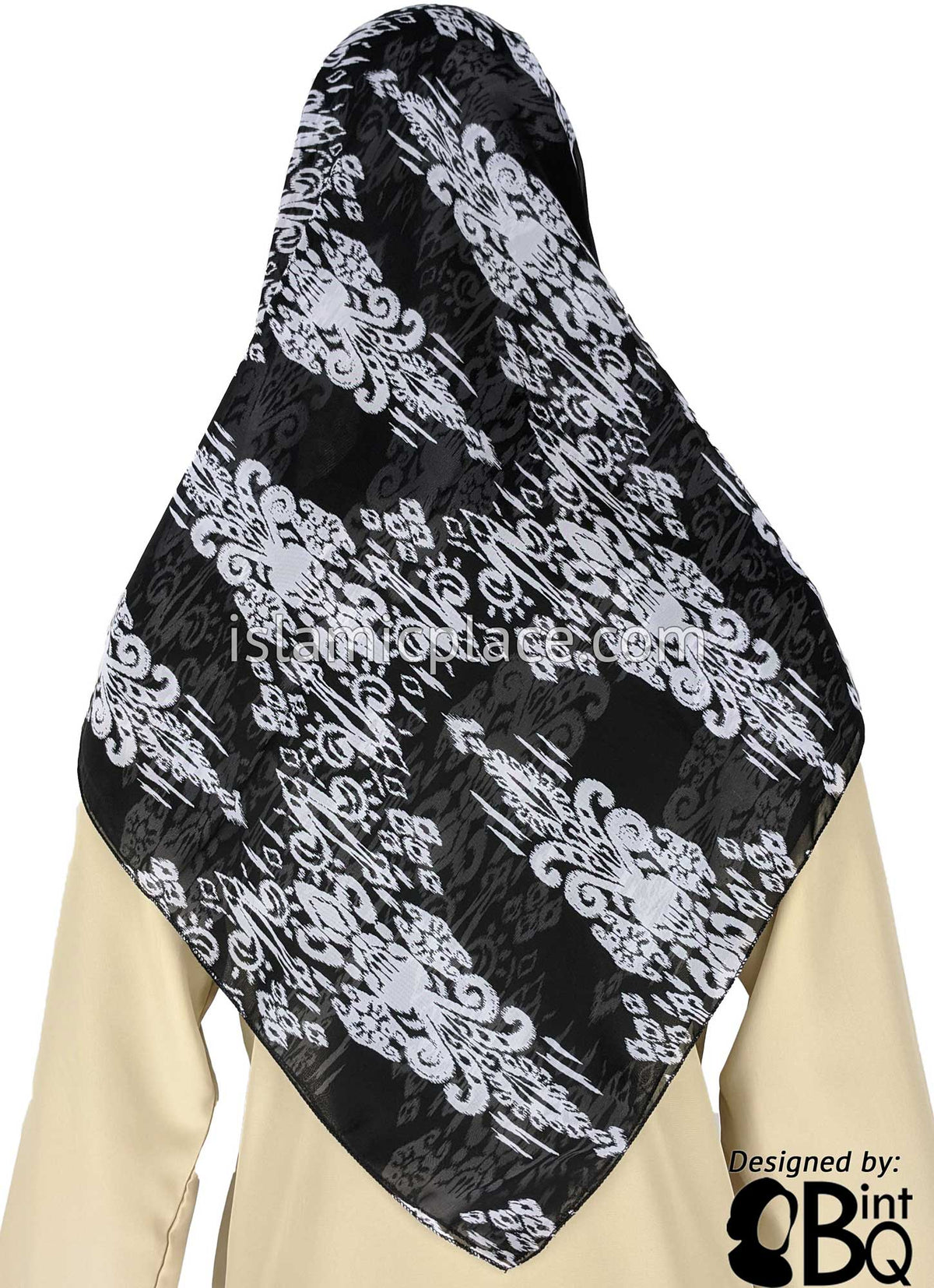 Black with Light Gray Victorian Design  - 45&quot; Square Printed Khimar