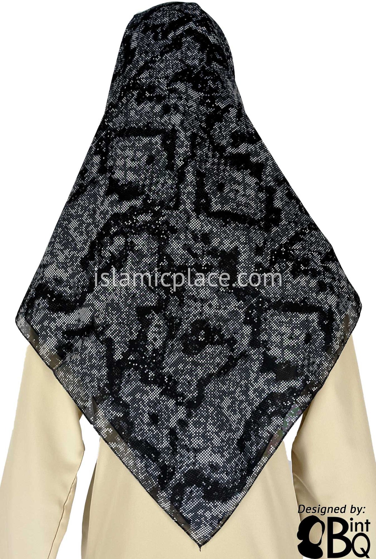 Black with Shades of Gray Digital Pixel Art - 45&quot; Square Printed Khimar