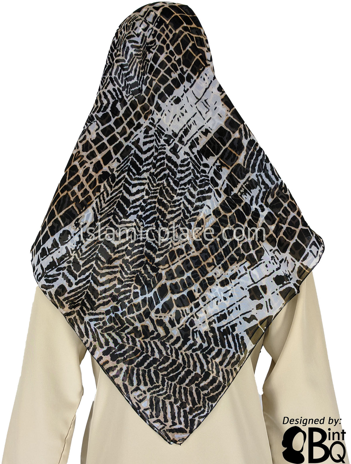 Black, Tan and White Vines and Blocks Design - 45&quot; Square Printed Khimar