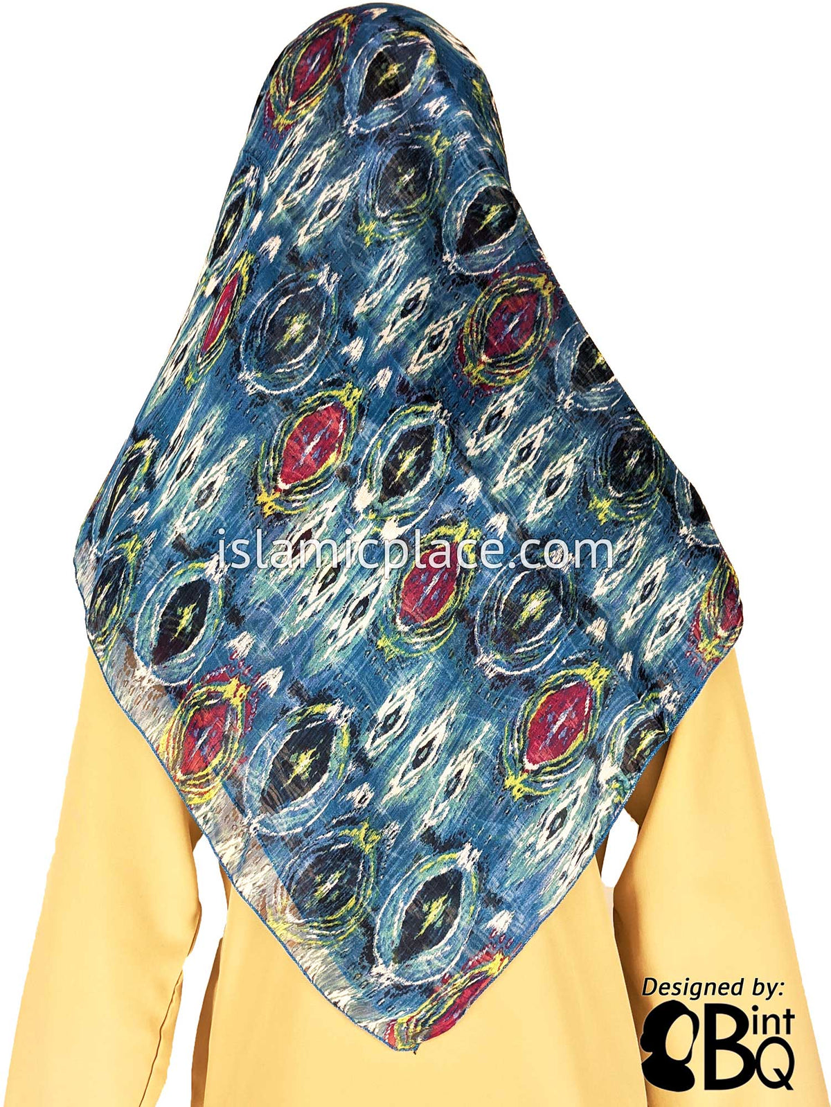 Fuchsia, Navy Blue, Light Blue and White Knots in Wood Design - 45&quot; Square Printed Khimar