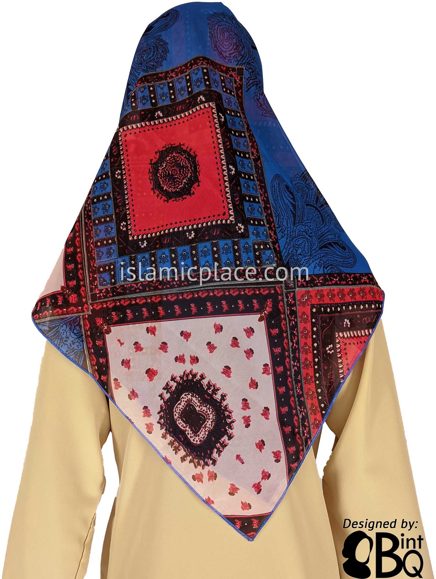 Royal Blue, Red, Black, and Pink Mosaic Large Tile Design - 45" Square Printed Khimar