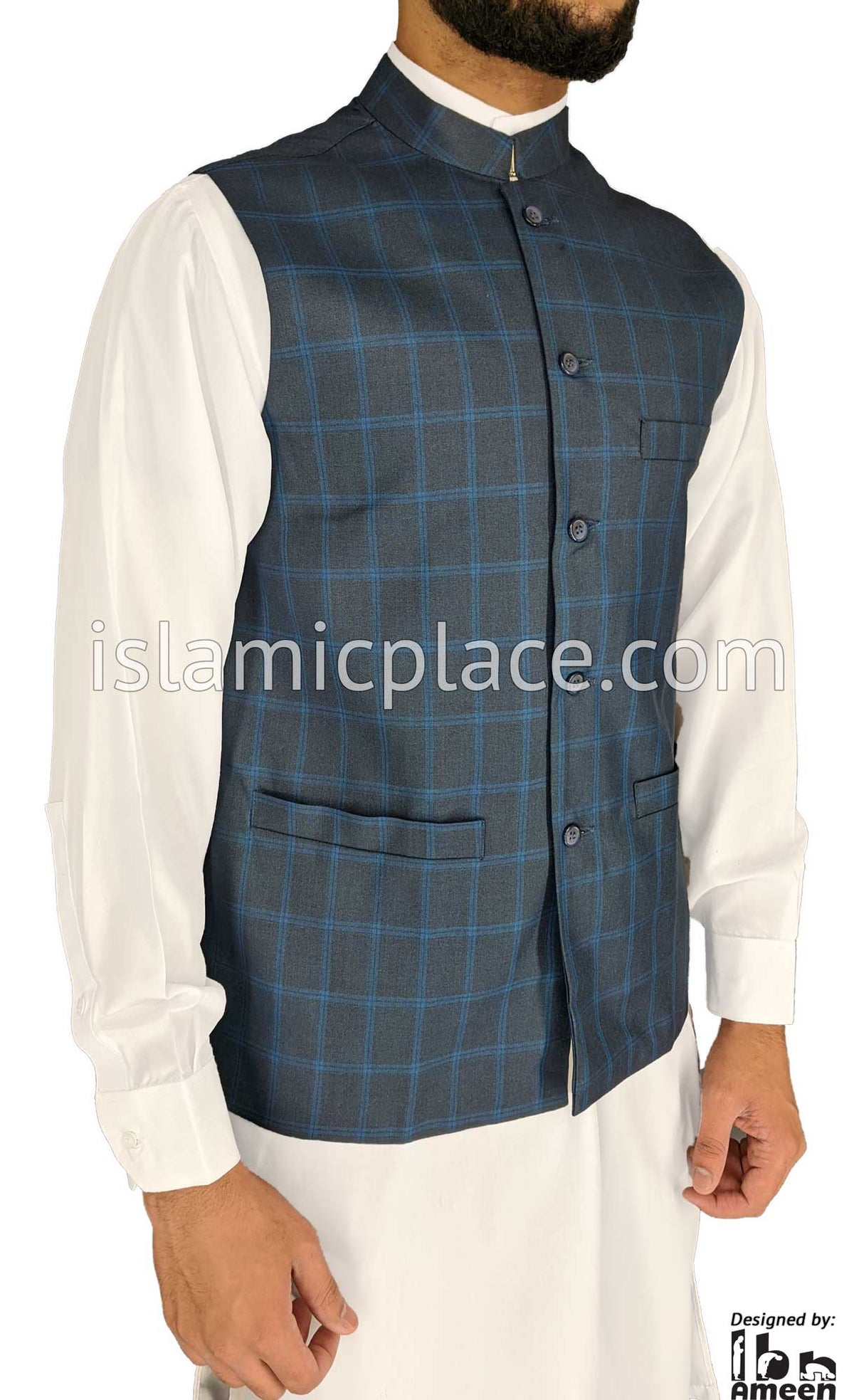 Navy Blue - Waheed Windowpane Waistcoat Vest by Ibn Ameen