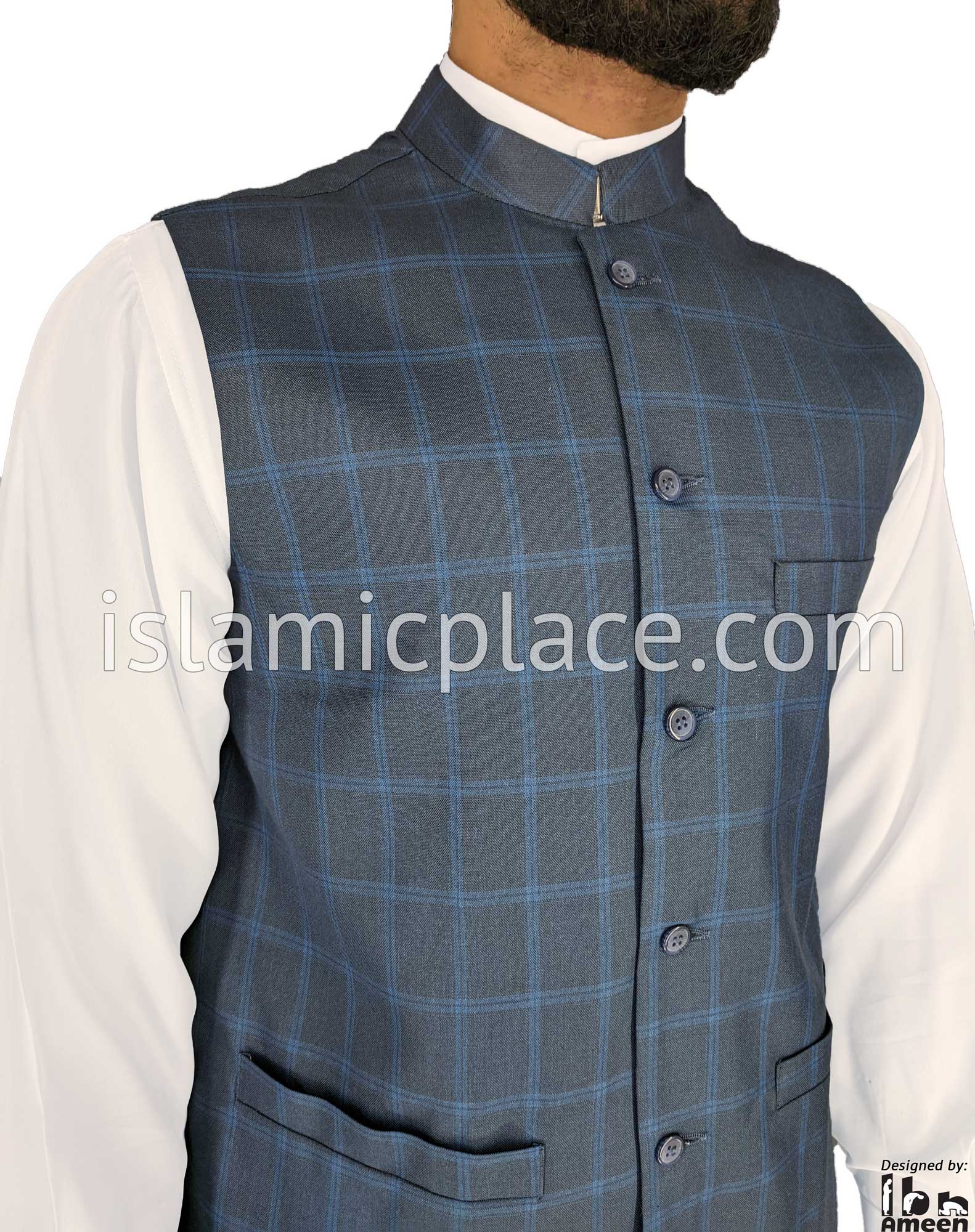 Navy Blue - Waheed Windowpane Waistcoat Vest by Ibn Ameen