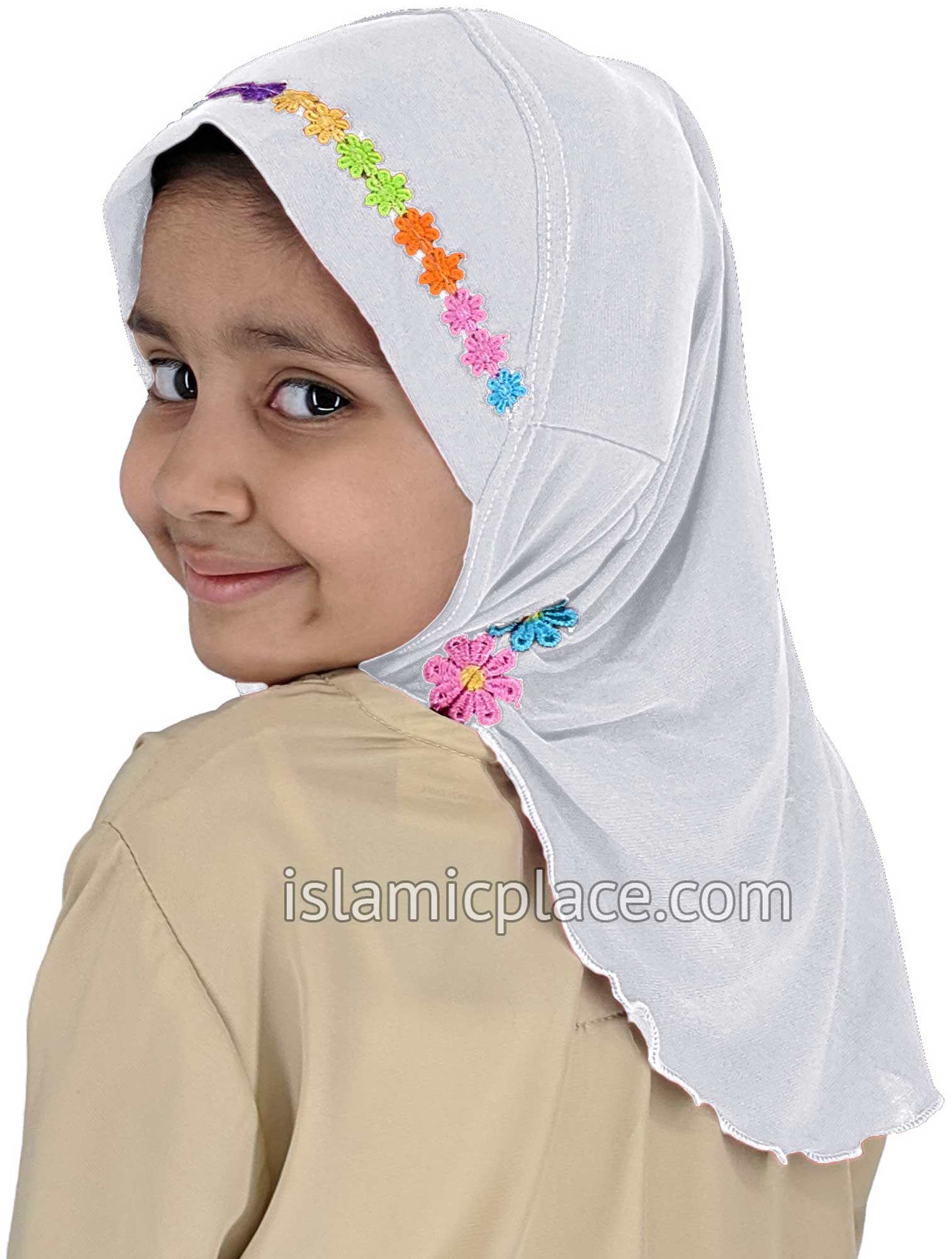 White - Lace Daisy Flowers Hijab Al-Amira - Girl size (1-piece)