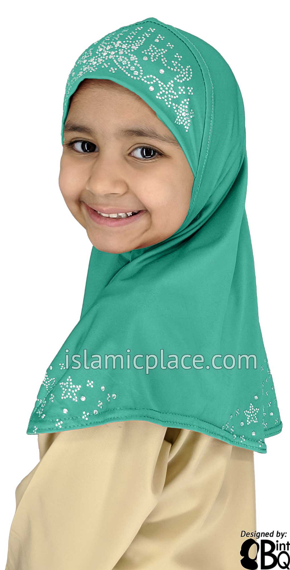 Turquoise - Luxurious Lycra Hijab Al-Amira with Silver Rhinestones - Girl size (1-piece)