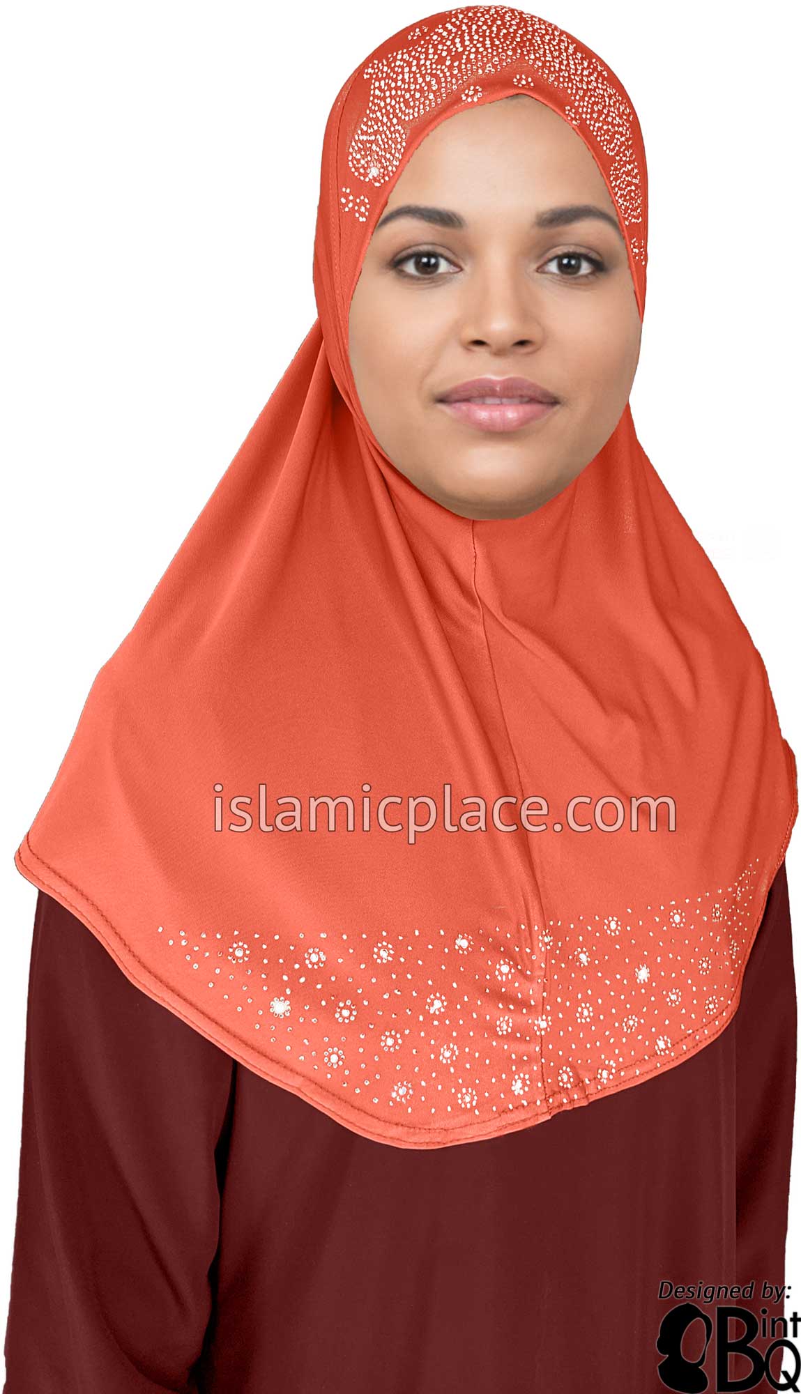 Peach - Luxurious Lycra Hijab Al-Amira with Silver Rhinestones Teen to Adult (Large)