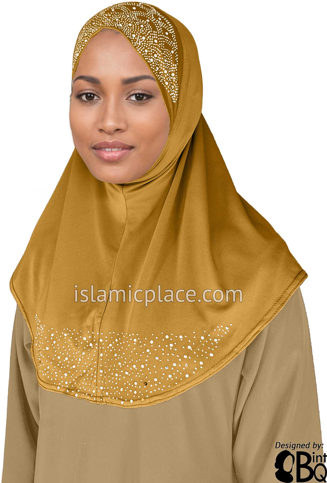 Gold - Luxurious Lycra Hijab Al-Amira with Silver Rhinestones Teen to Adult (Large)