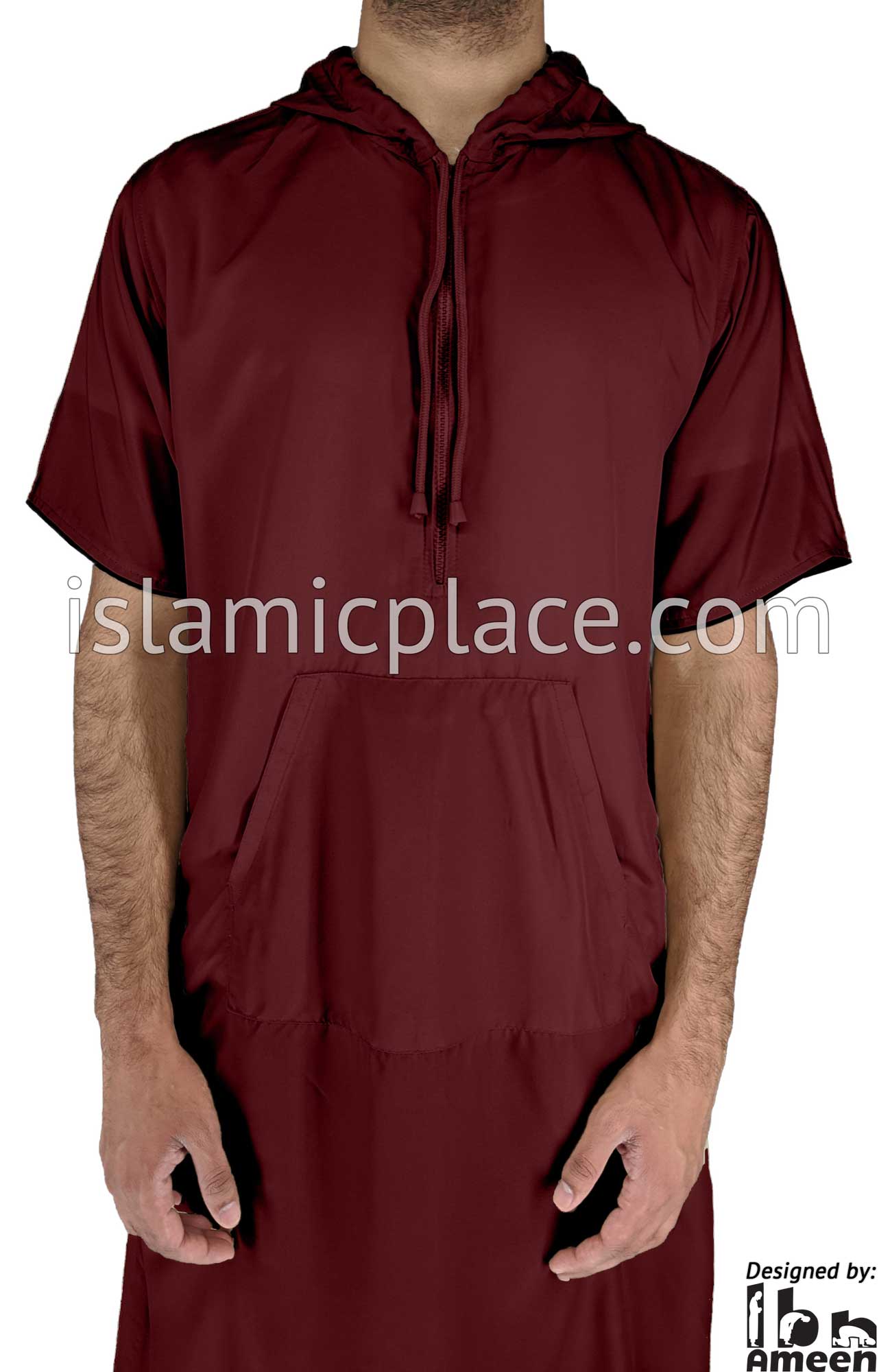 Burgundy - Sohail Men Short Sleeve Hoodie Thob by Ibn Ameen - IA16